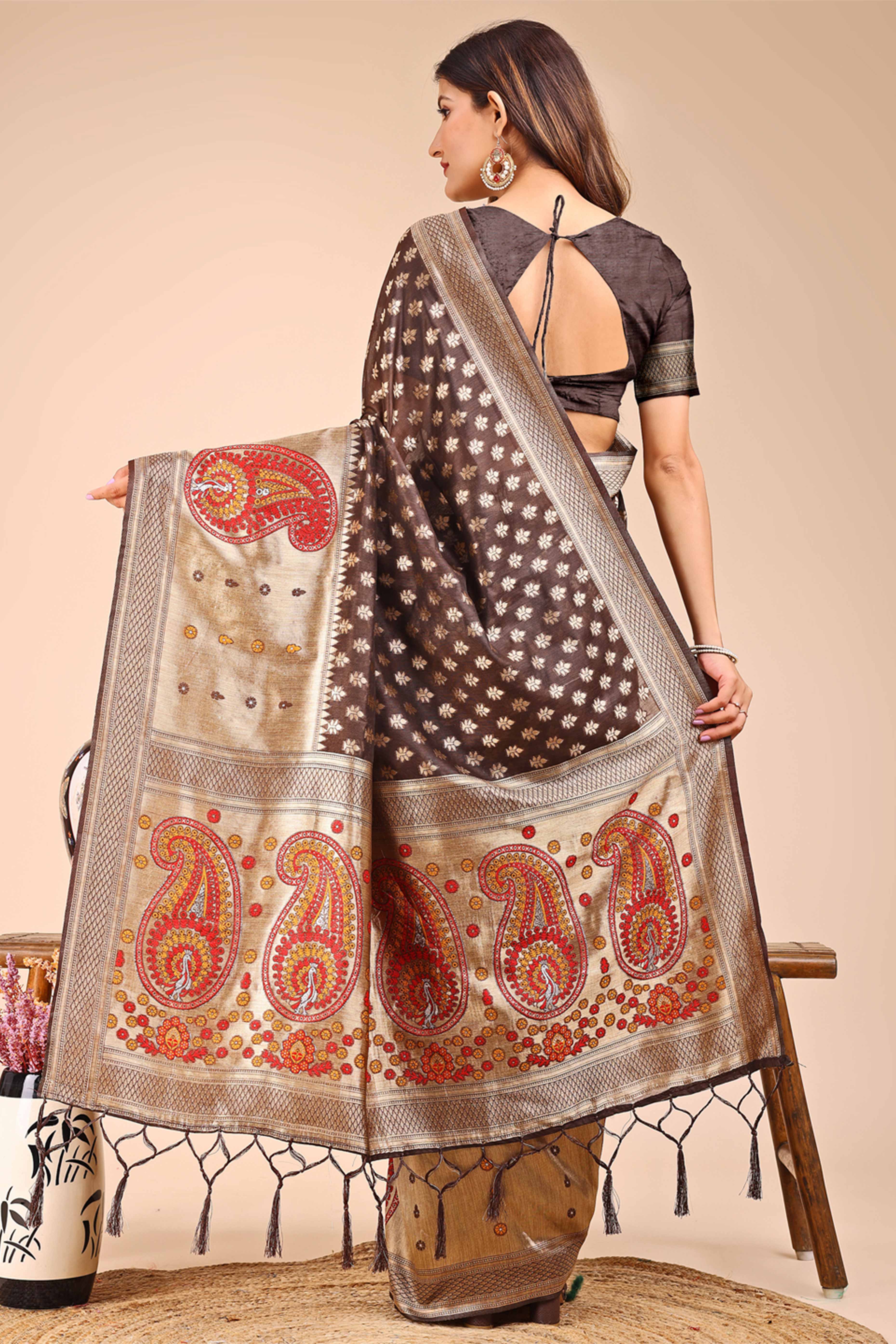 Brown Zari Butti Weaving Linen Cotton Saree