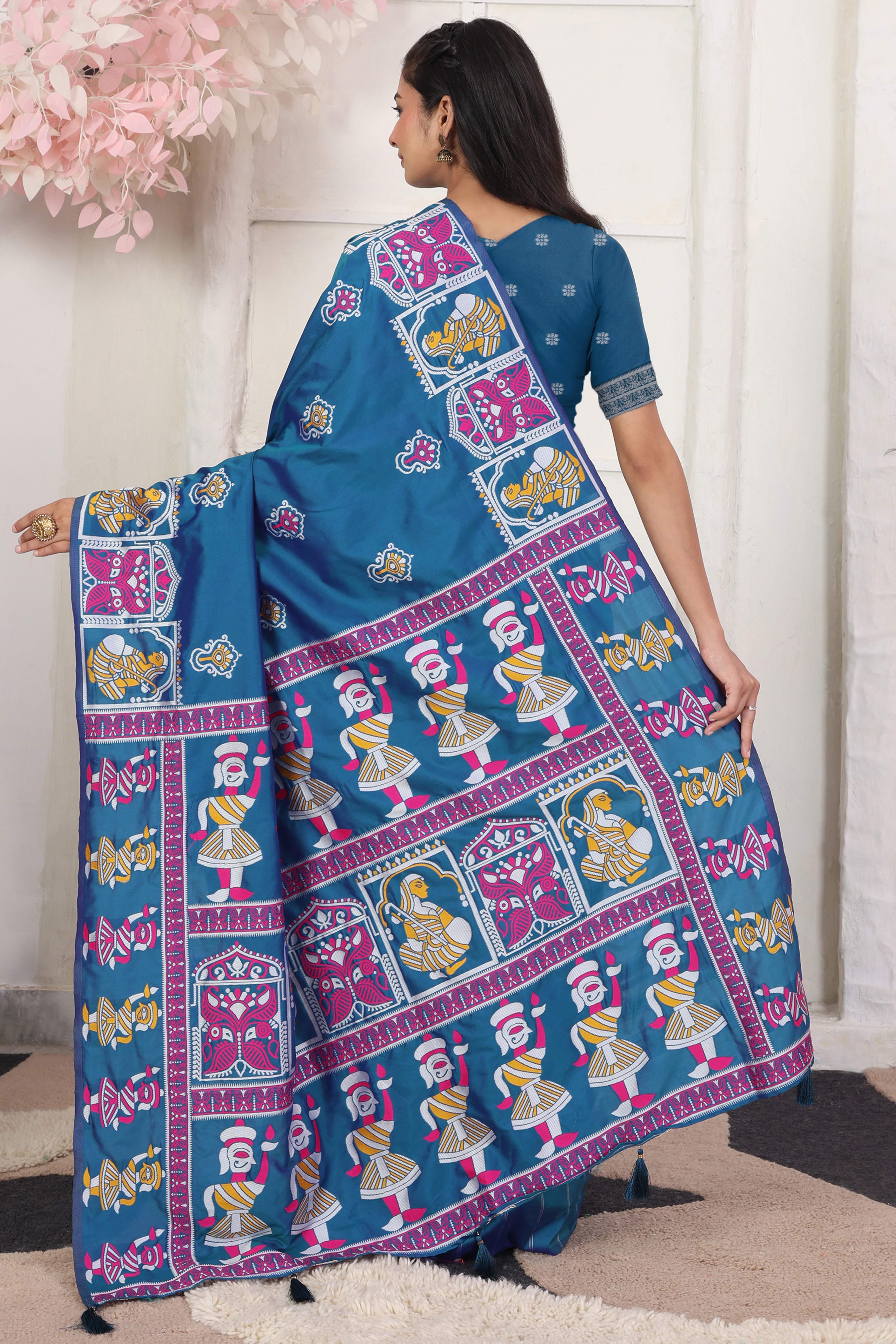 Teal Blue Ethnic Madhubani Print Silk Blend Saree Enhanced With Tassel Pallu Accents