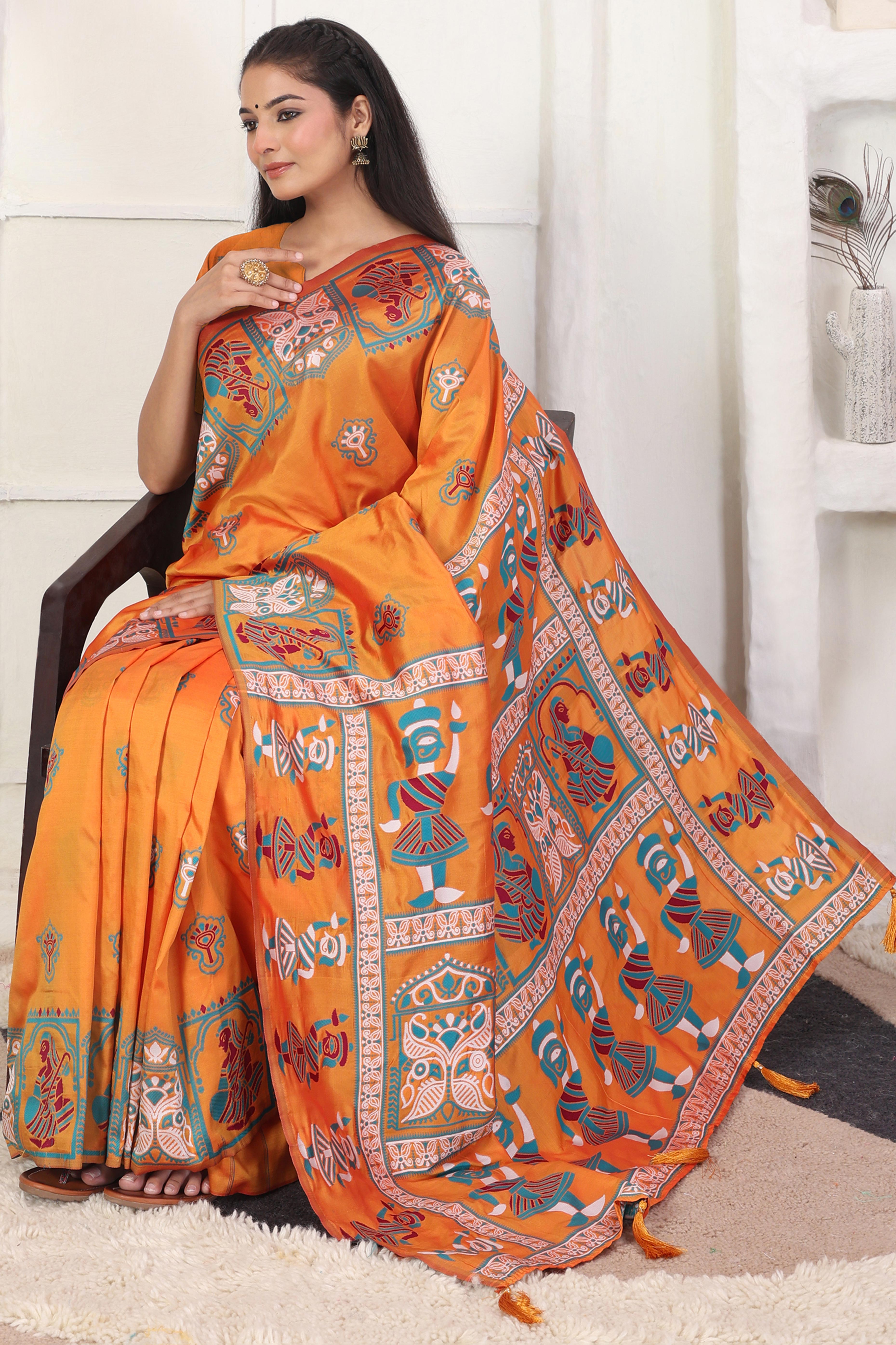 Orange Ethnic Madhubani Print Silk Blend Saree Enhanced With Tassel Pallu Accents