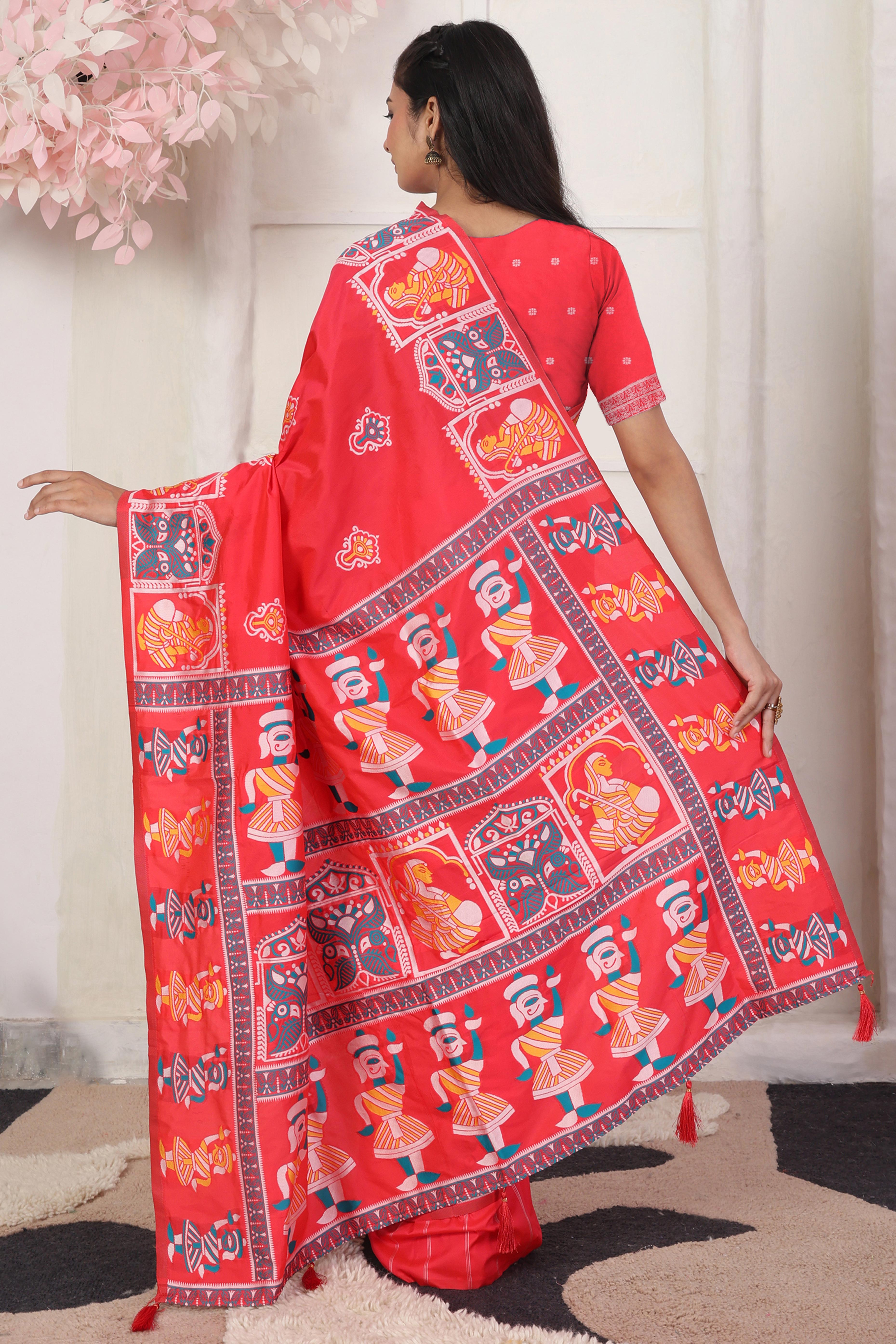 Red Ethnic Madhubani Print Silk Blend Saree Enhanced With Tassel Pallu Accents