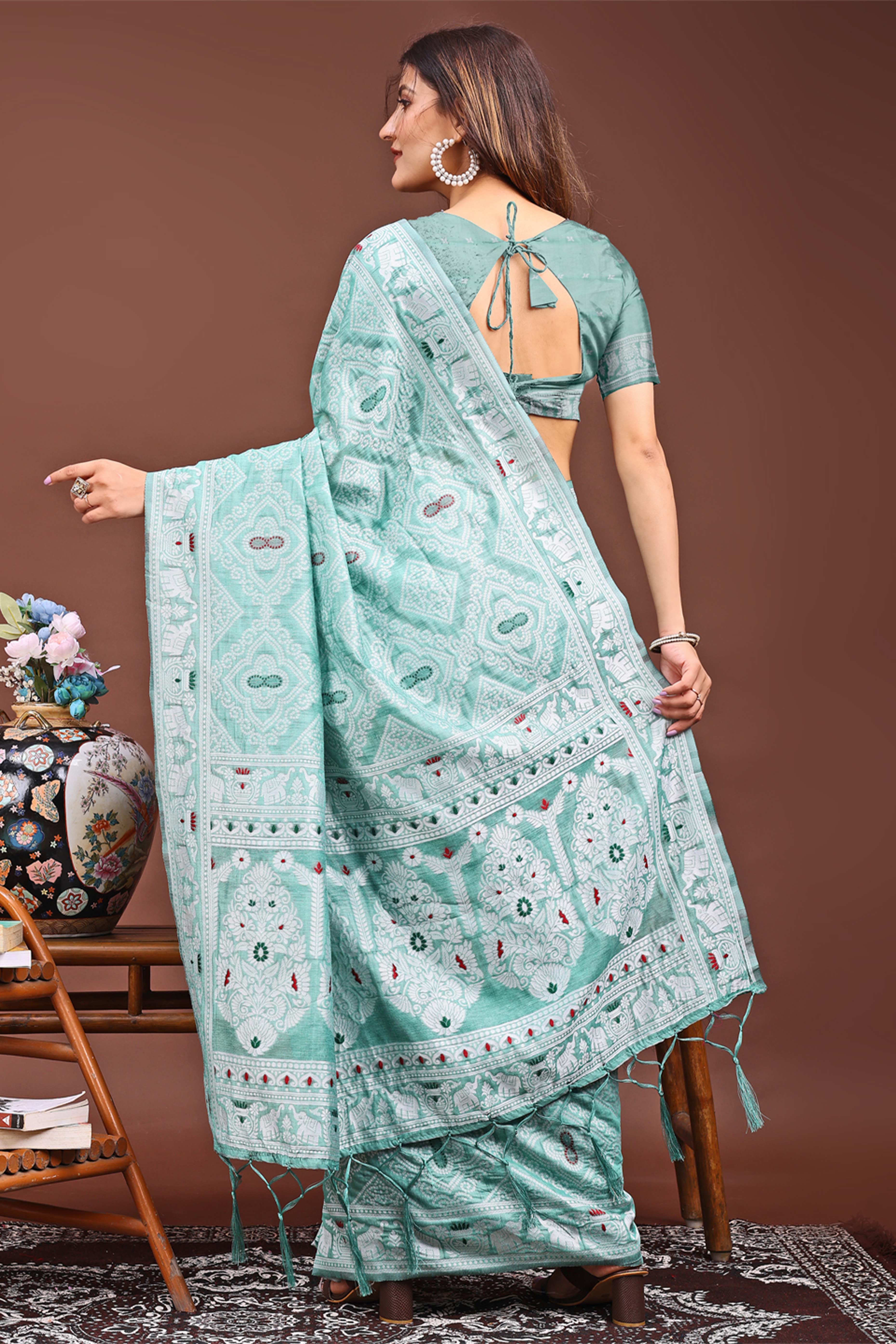 Traditional Bandhani Inspired Woven Sea Green Saree in Breathable Linen Cotton