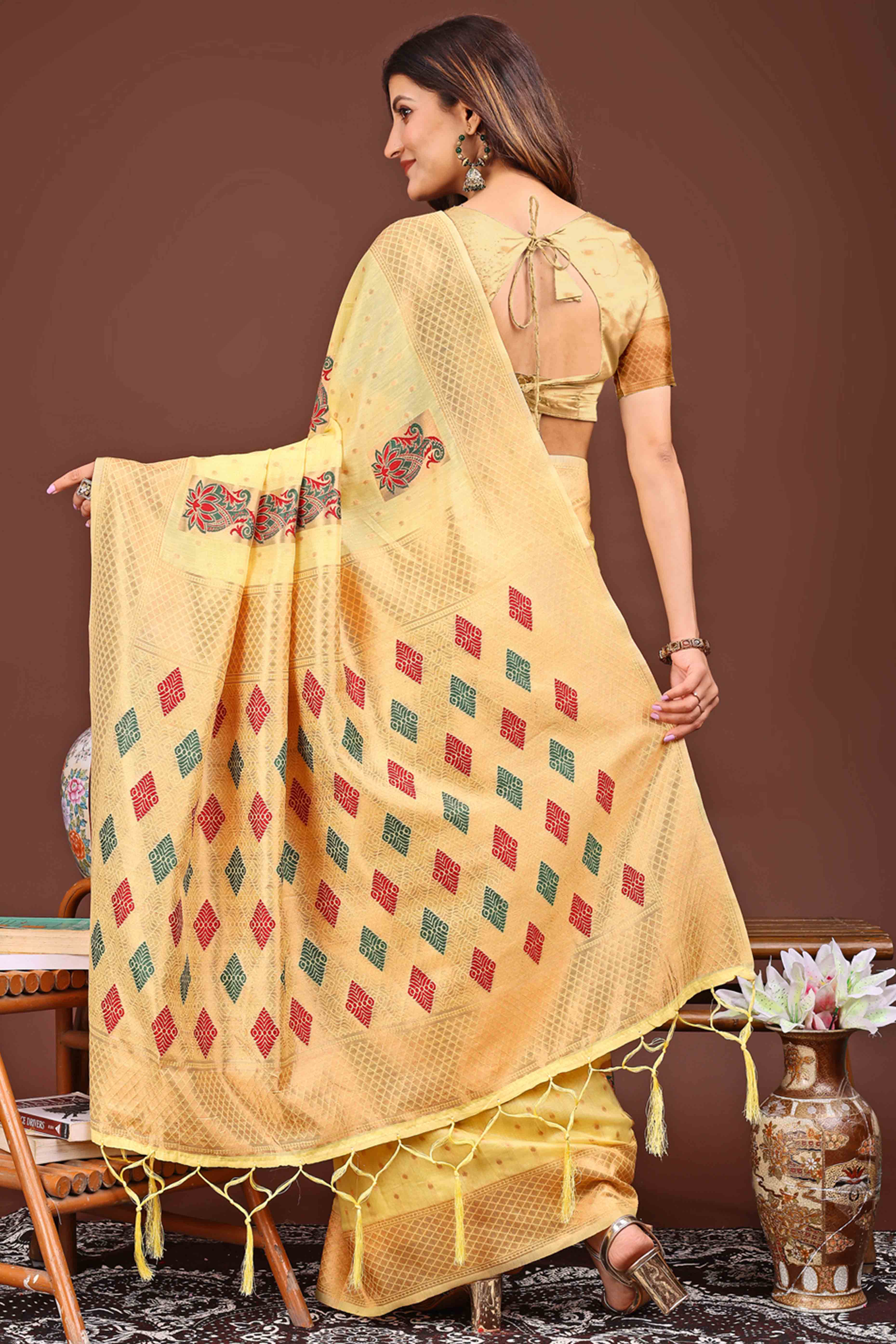 Yellow Floral Zari Weaving Linen Cotton Saree With Tassel Pallu Accent