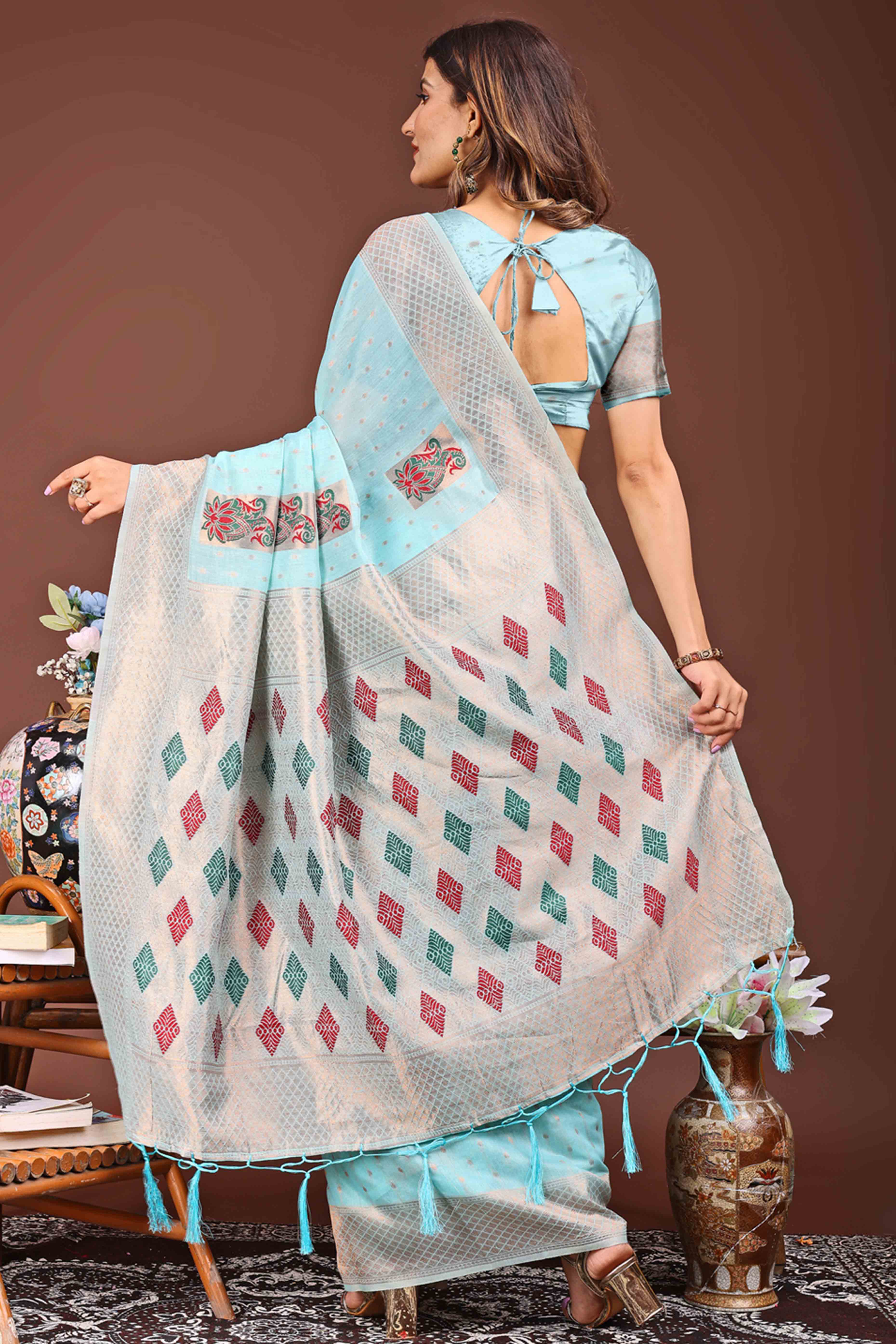 Sky Blue Floral Zari Weaving Linen Cotton Saree With Tassel Pallu Accent