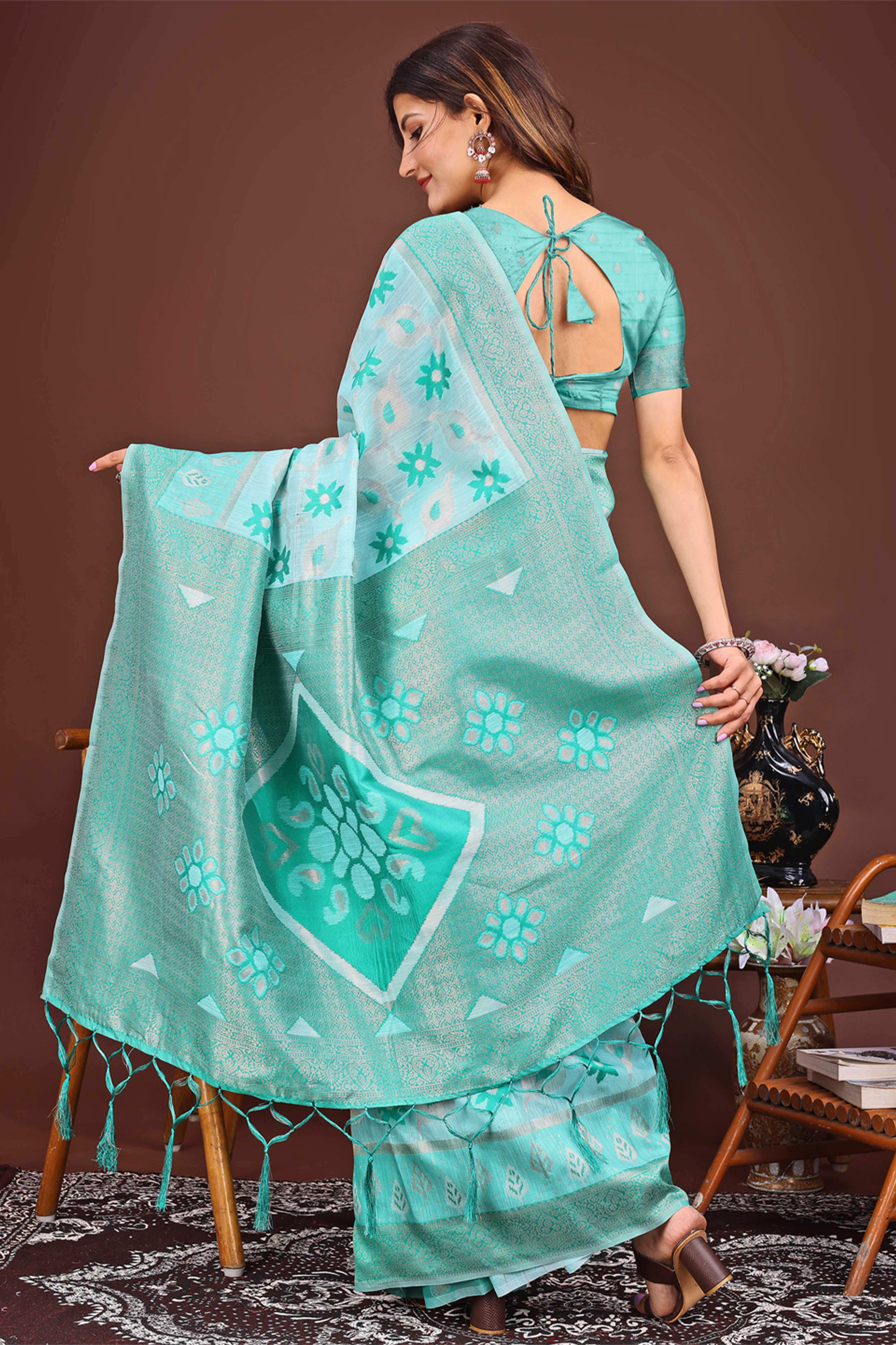 Sea Green Ethnic Saree in Linen Cotton Fabric with Intricate Floral Pattern Weaving