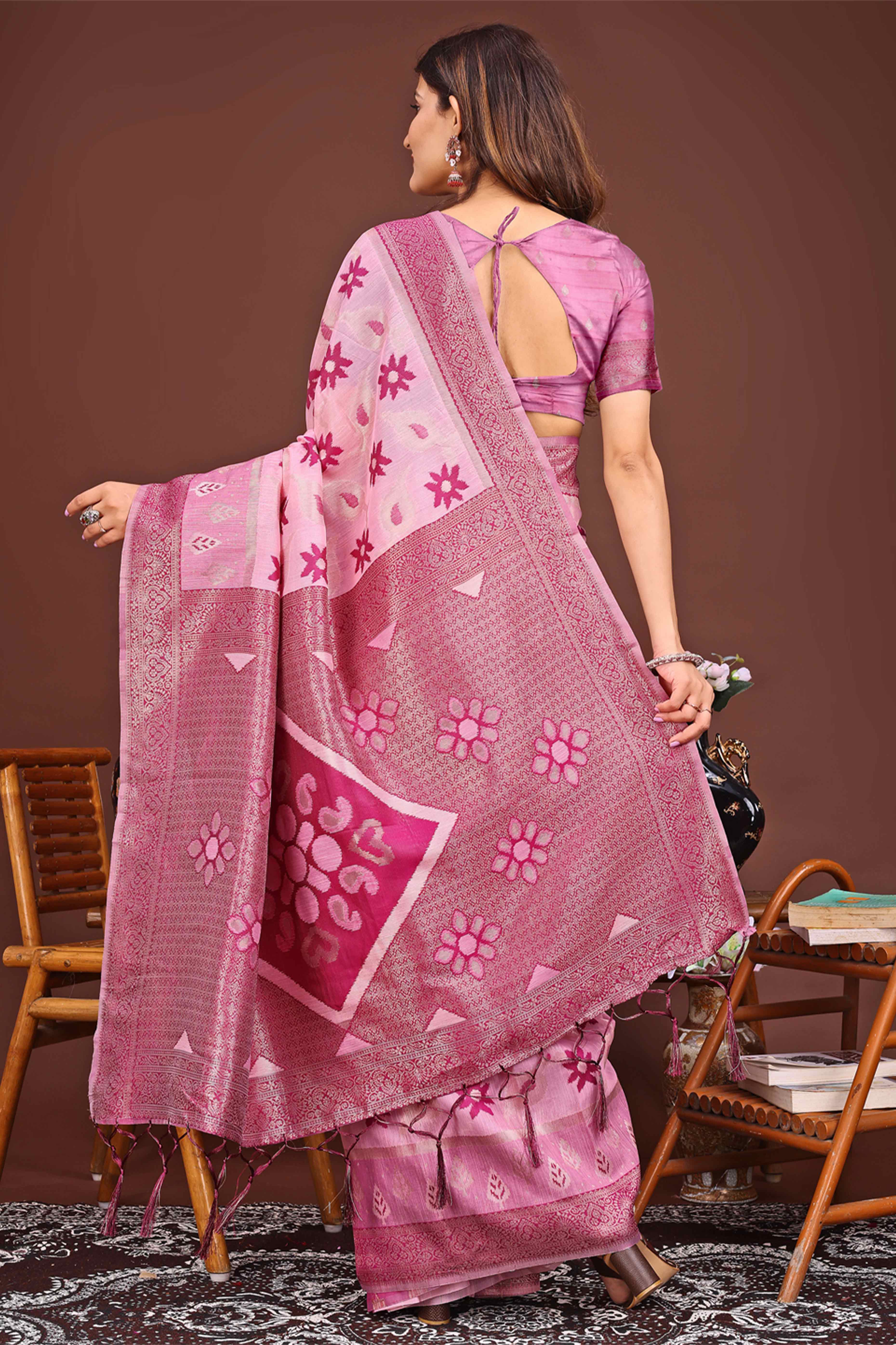 Pink Ethnic Saree in Linen Cotton Fabric with Intricate Floral Pattern Weaving