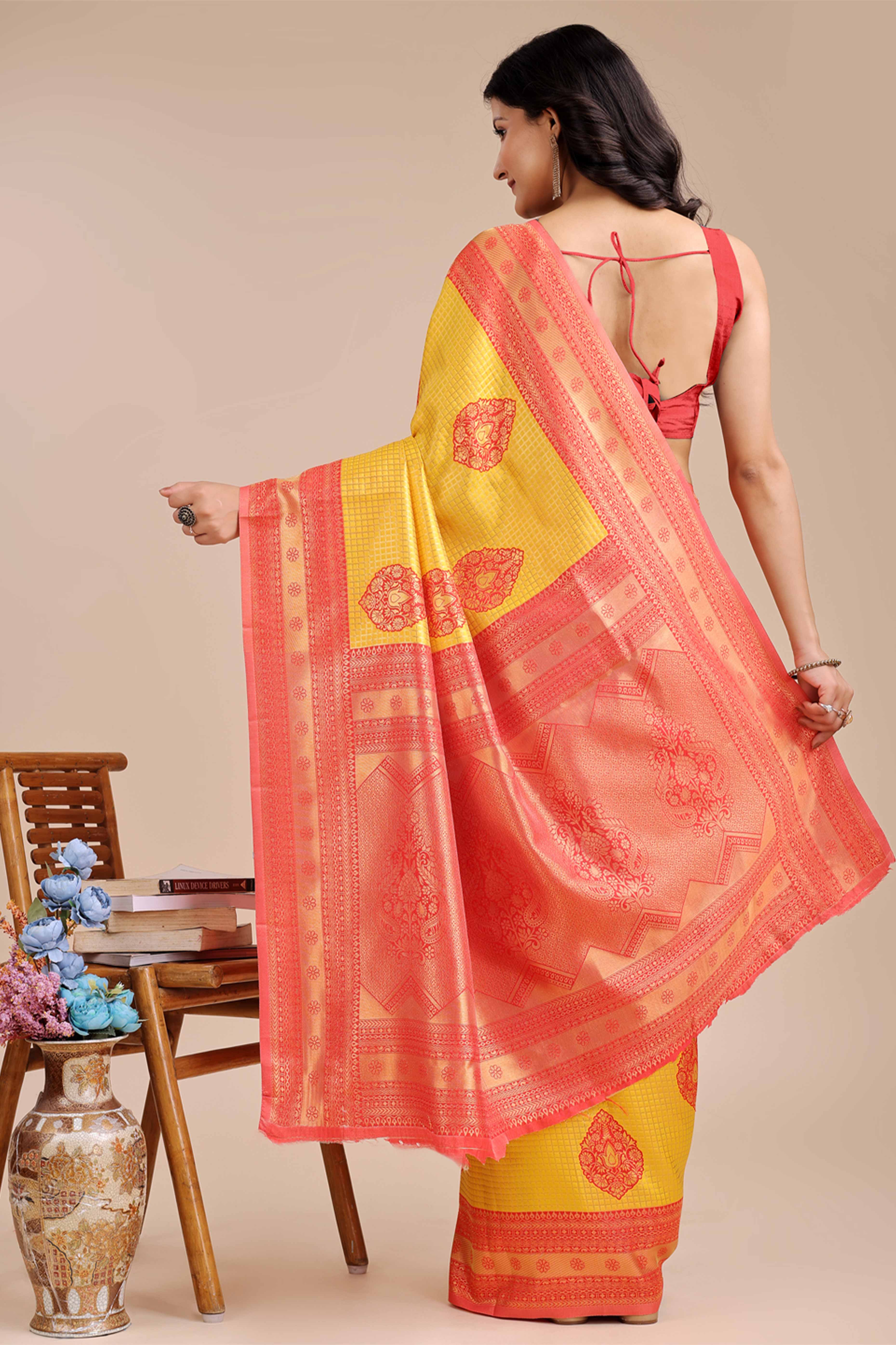 Yellow & Red Saree in Pure Banarasi Silk with Intricate Zari Borders and Motifs