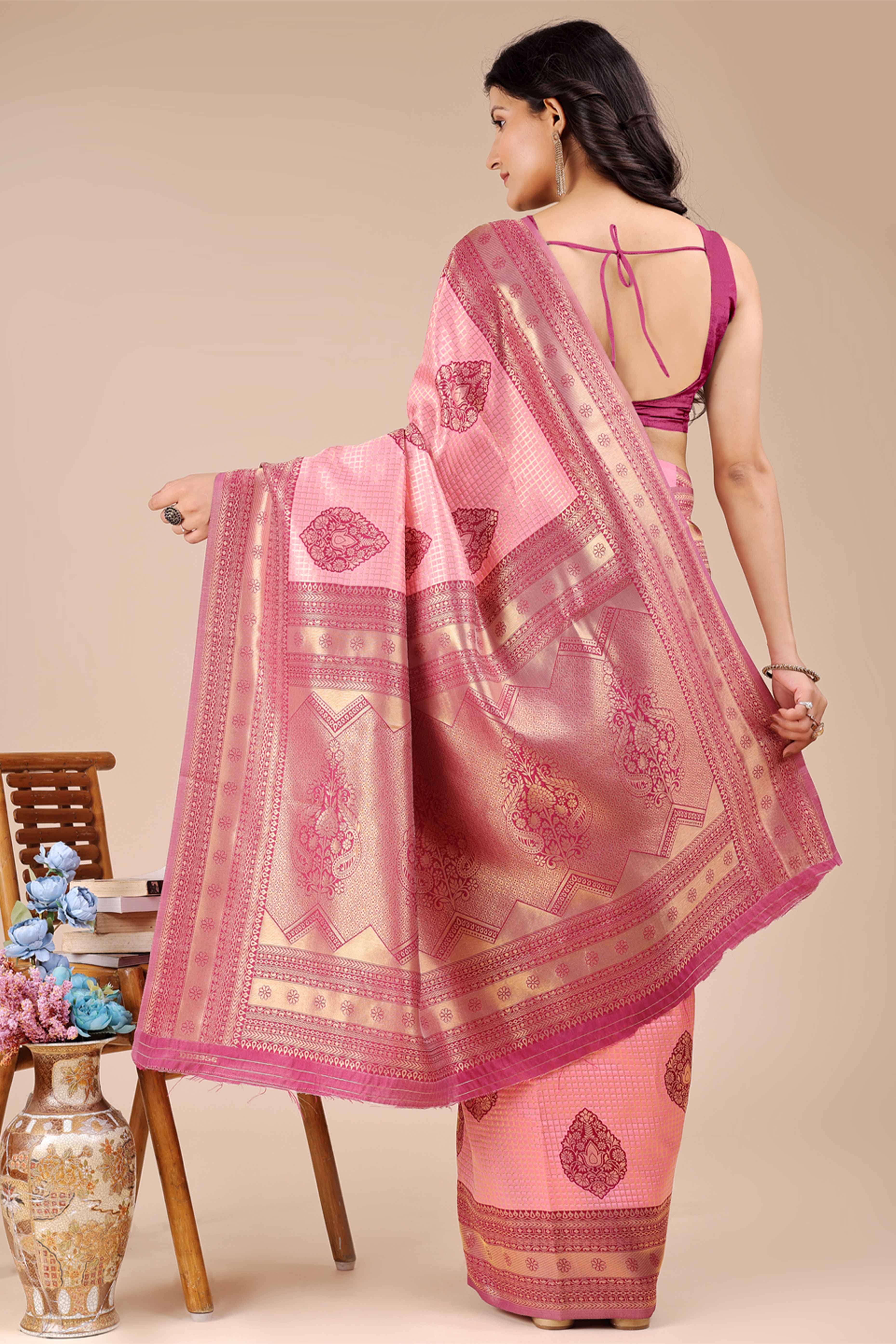 Light Pink & Magenta Saree in Pure Banarasi Silk with Intricate Zari Borders and Motifs