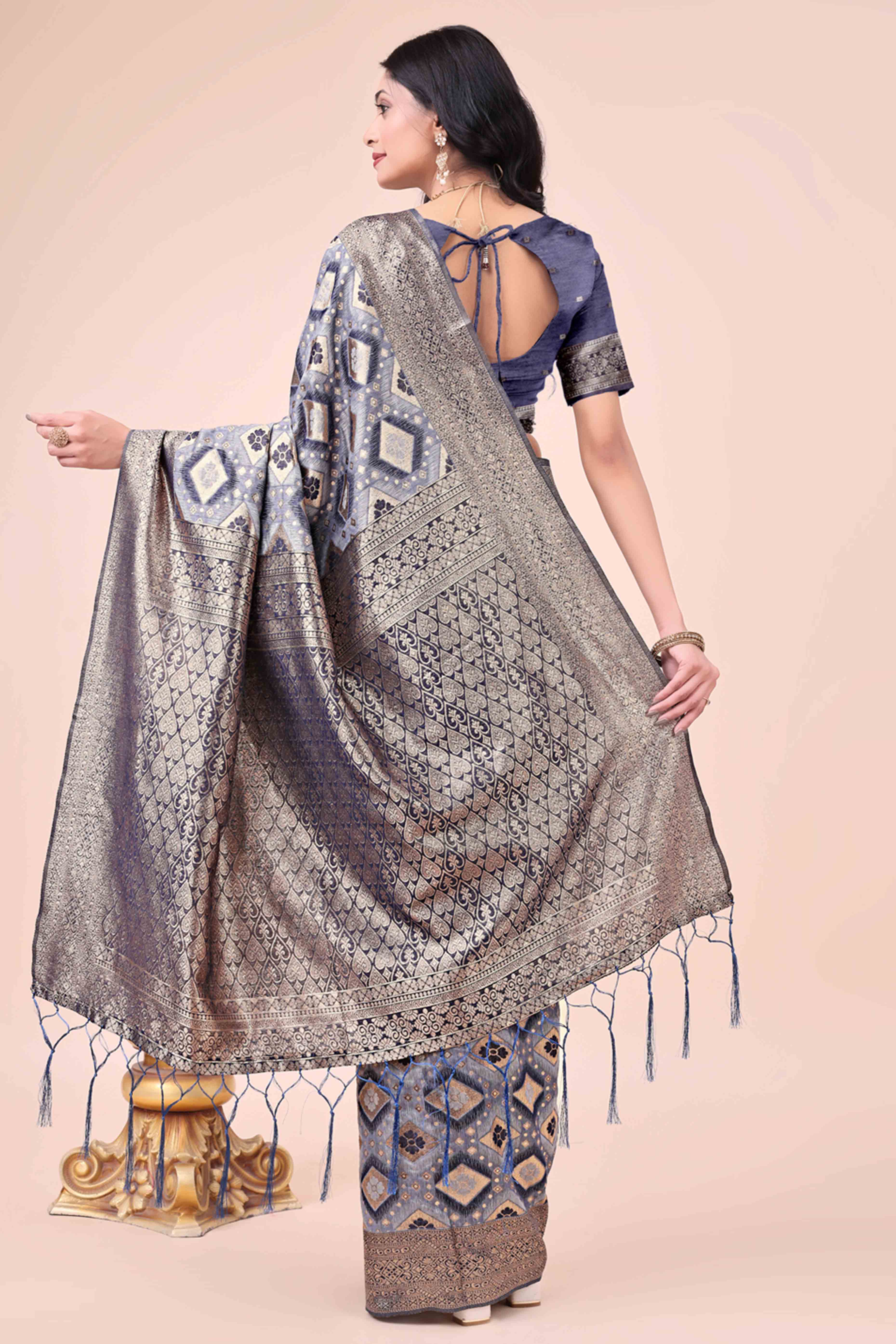 Floral Weaving On Navy Blue Cotton Blend Saree With Tassels