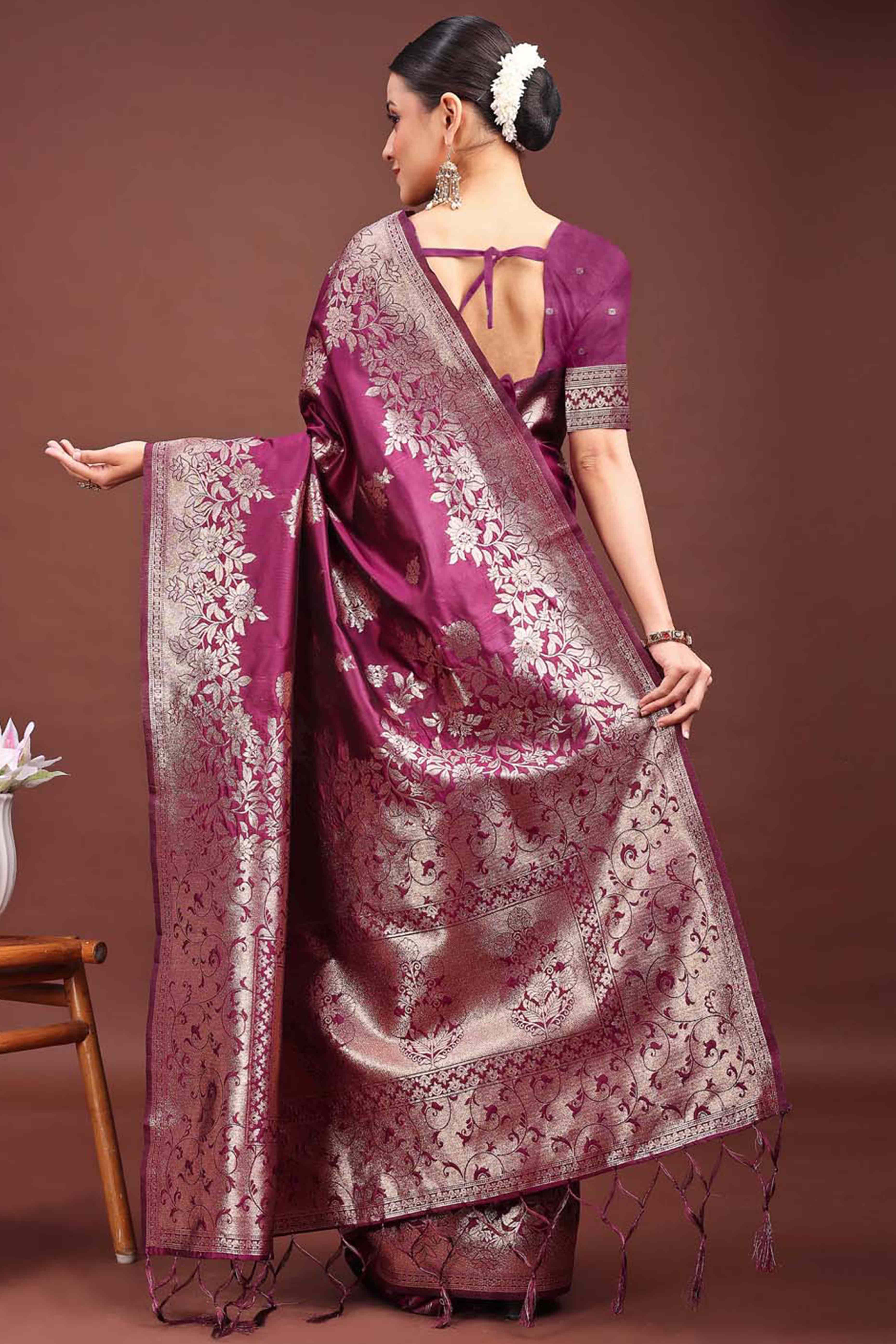 Wine Banarasi Silk Saree With Floral Zari Weaving & Elegant Tassels