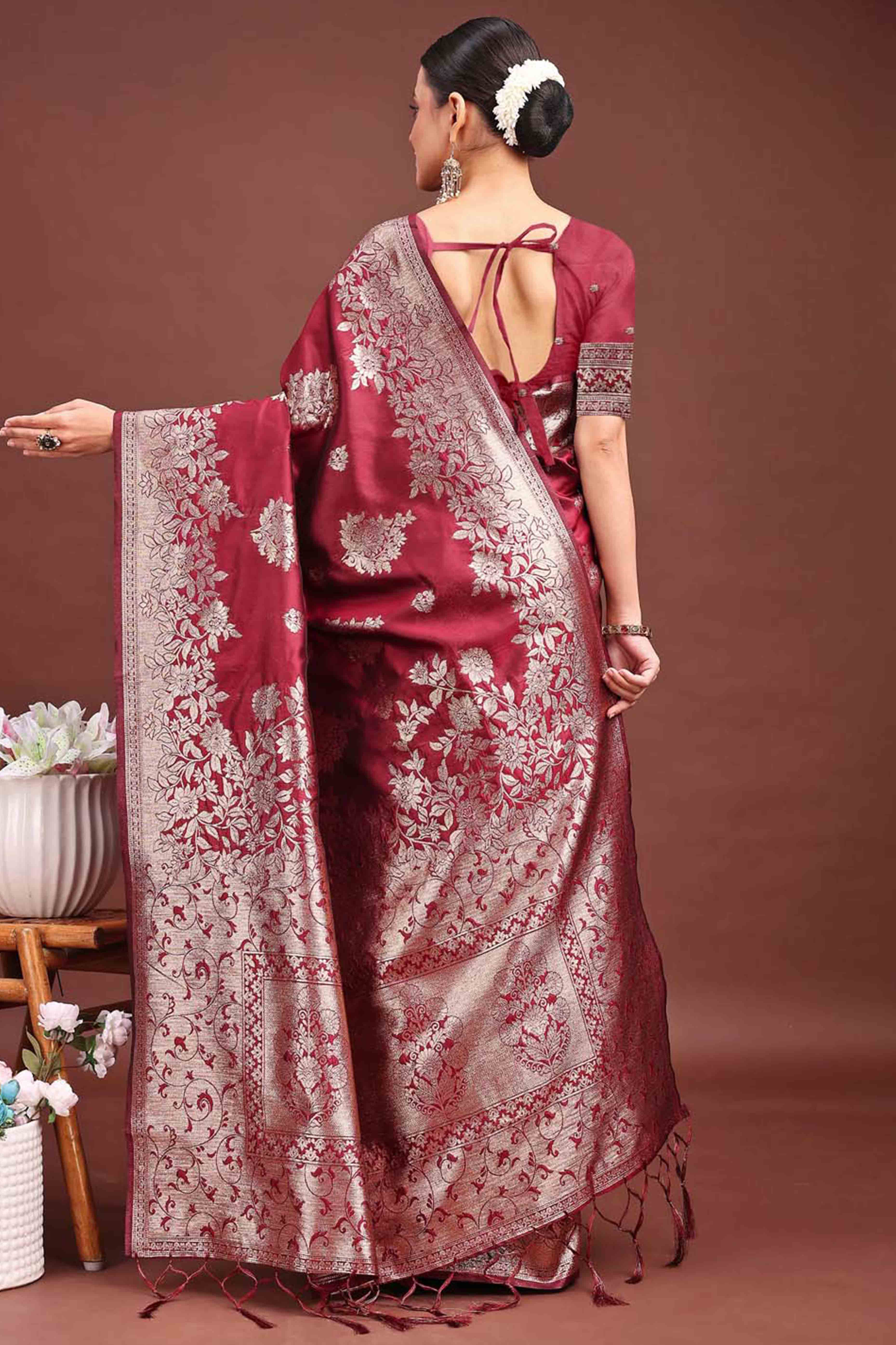 Maroon Banarasi Silk Saree With Floral Zari Weaving & Elegant Tassels