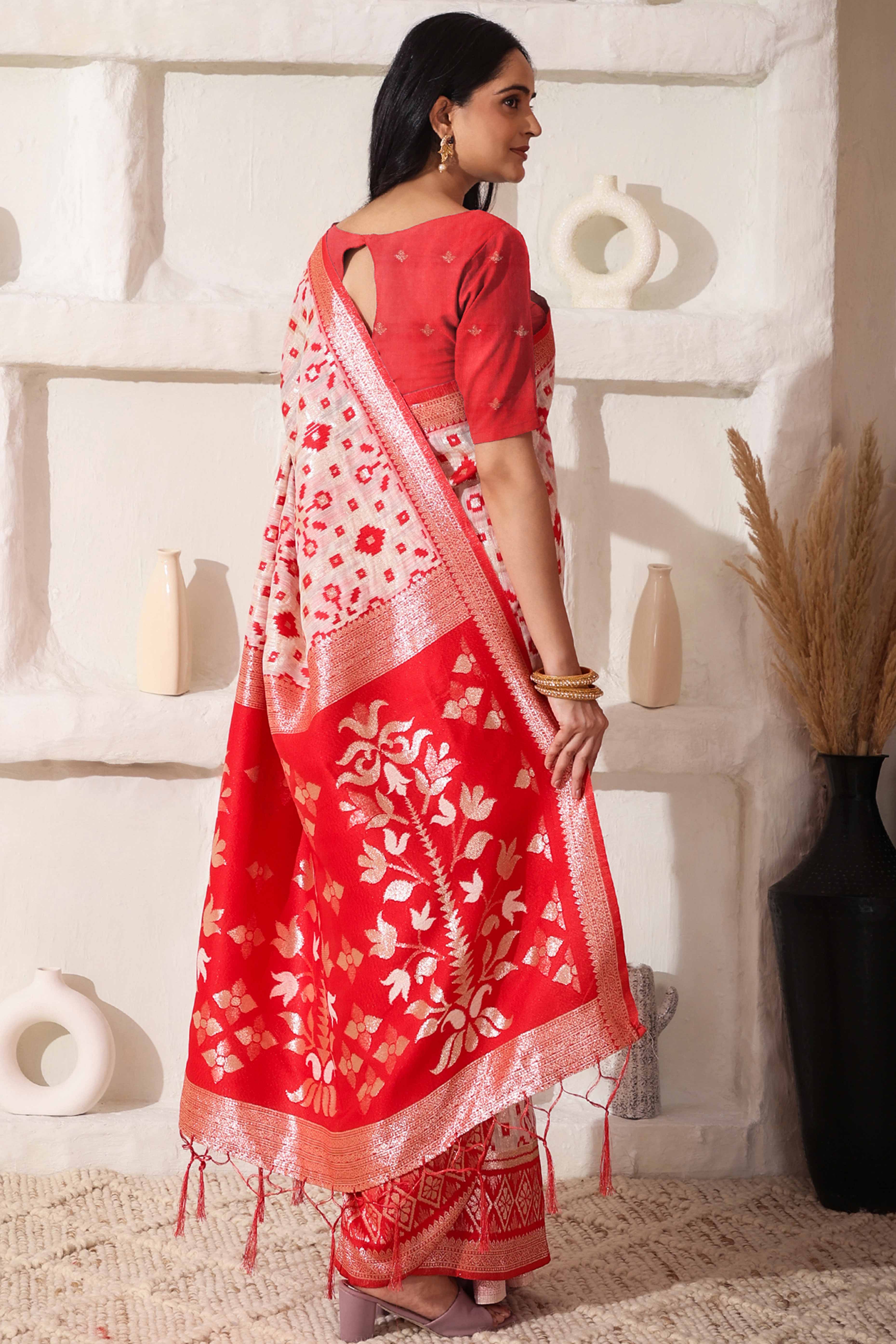 Elegant White & Red Zari Woven Linen Cotton Saree With Graceful Tassel Detailing