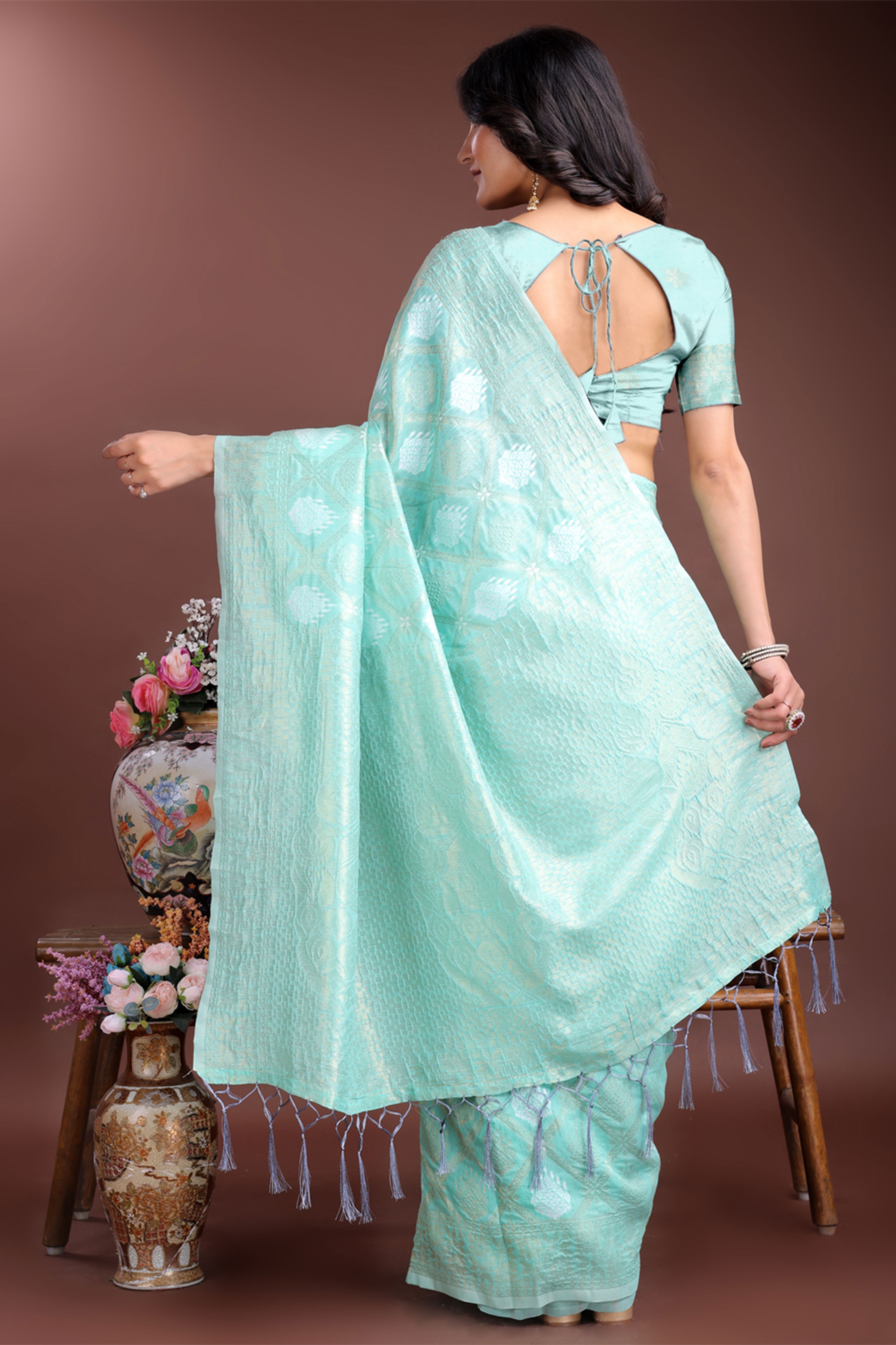 Sea Green Zari Woven Linen Cotton Saree with Graceful Tassels