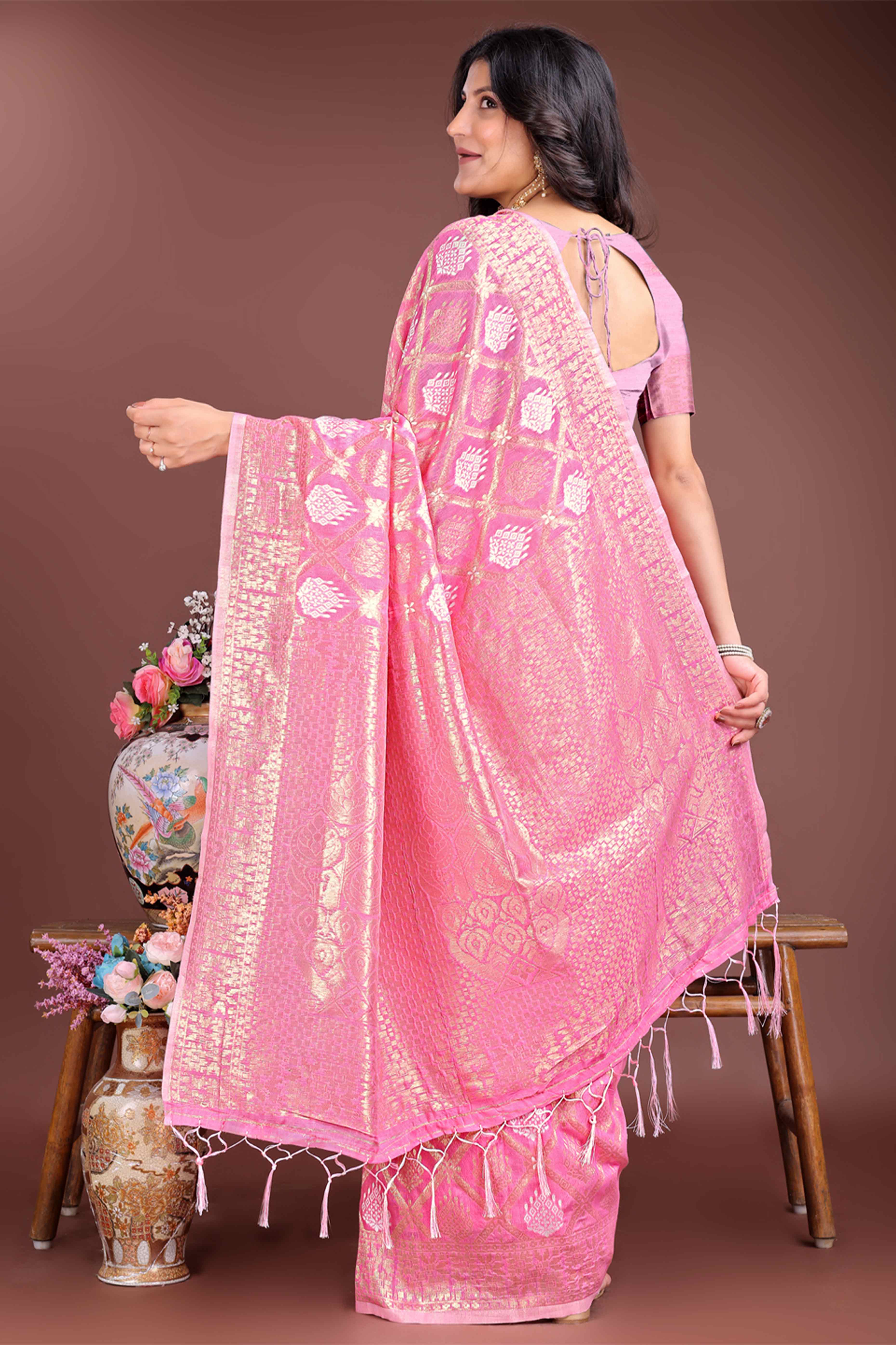 Pink Zari Woven Linen Cotton Saree with Graceful Tassels