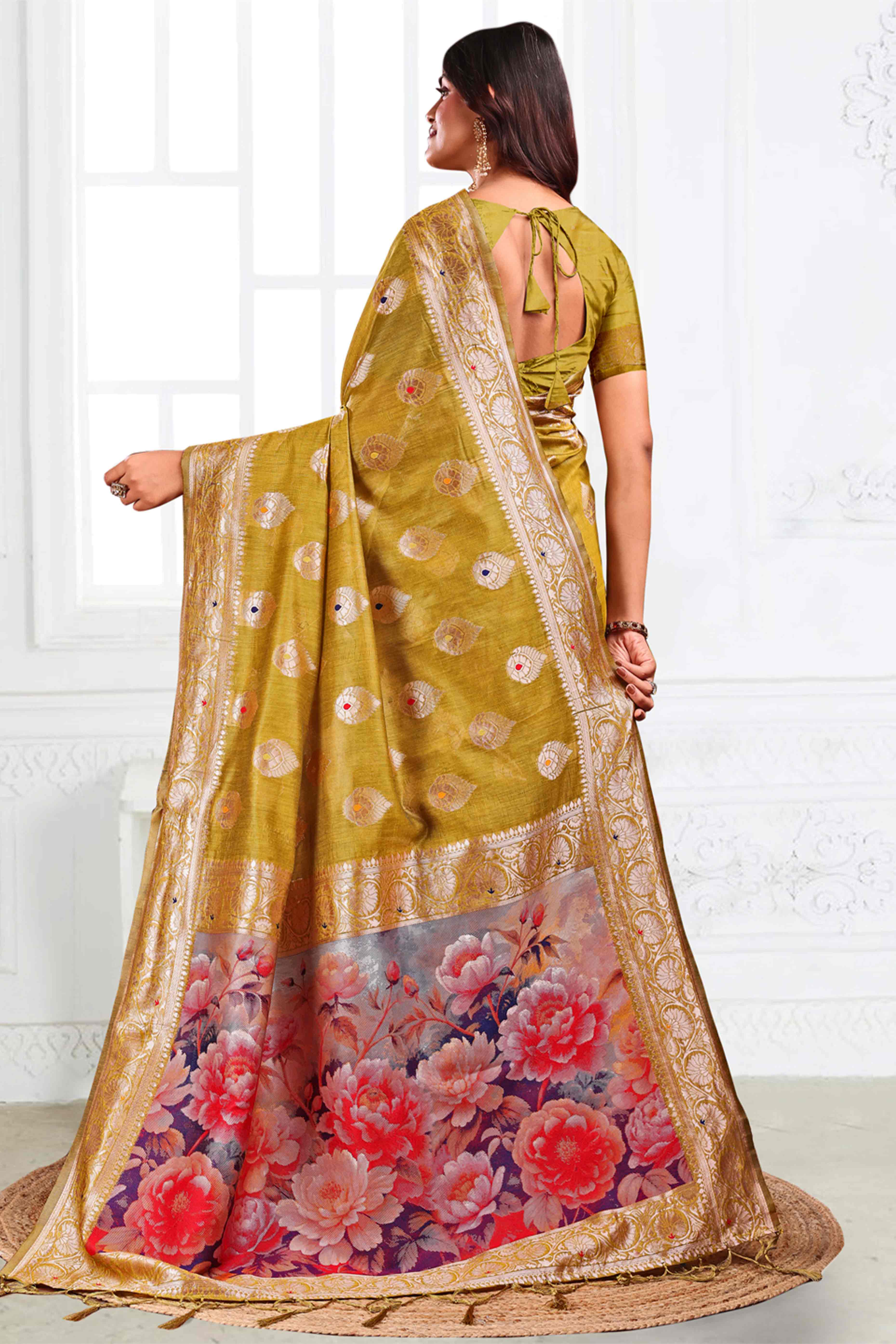 Mehendi Green Linen Cotton Silk Saree Adorned With Intricate Floral Zari Weaving & Tassel Pallu