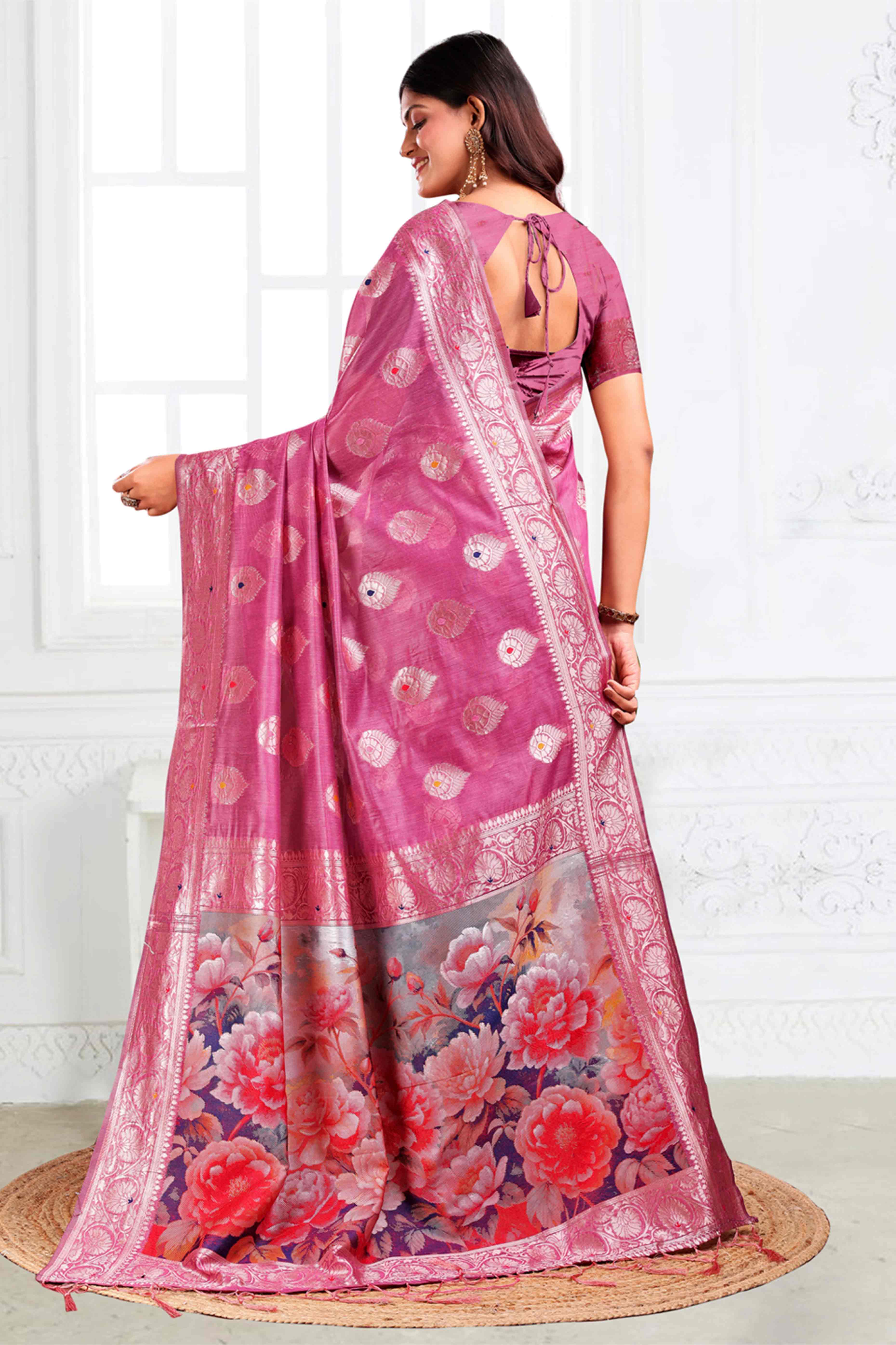 Pink Linen Cotton Silk Saree Adorned With Intricate Floral Zari Weaving & Tassel Pallu