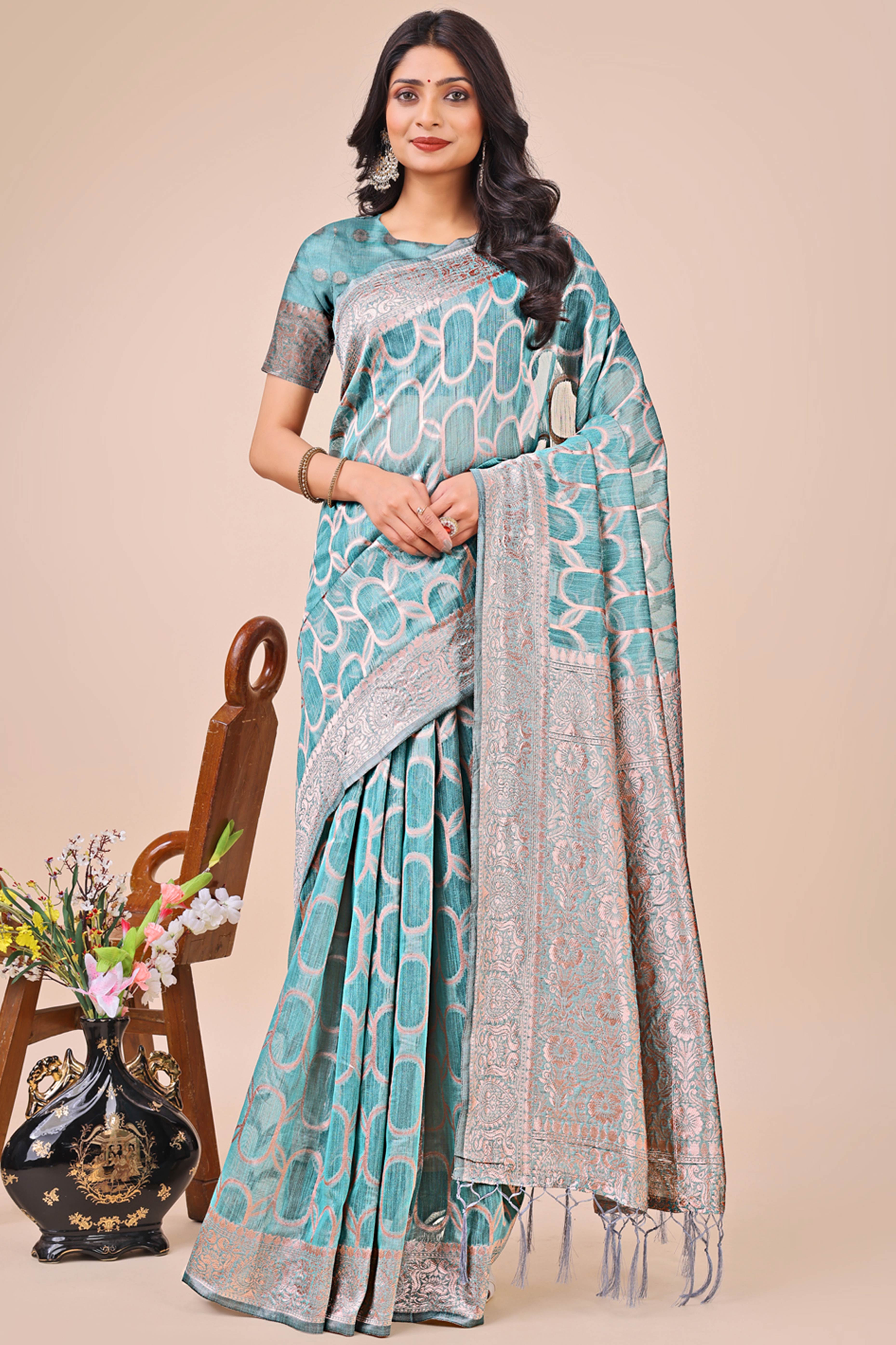 Blue Linen Cotton Saree With Floral Zari Weaving & Delicate Tassel Border