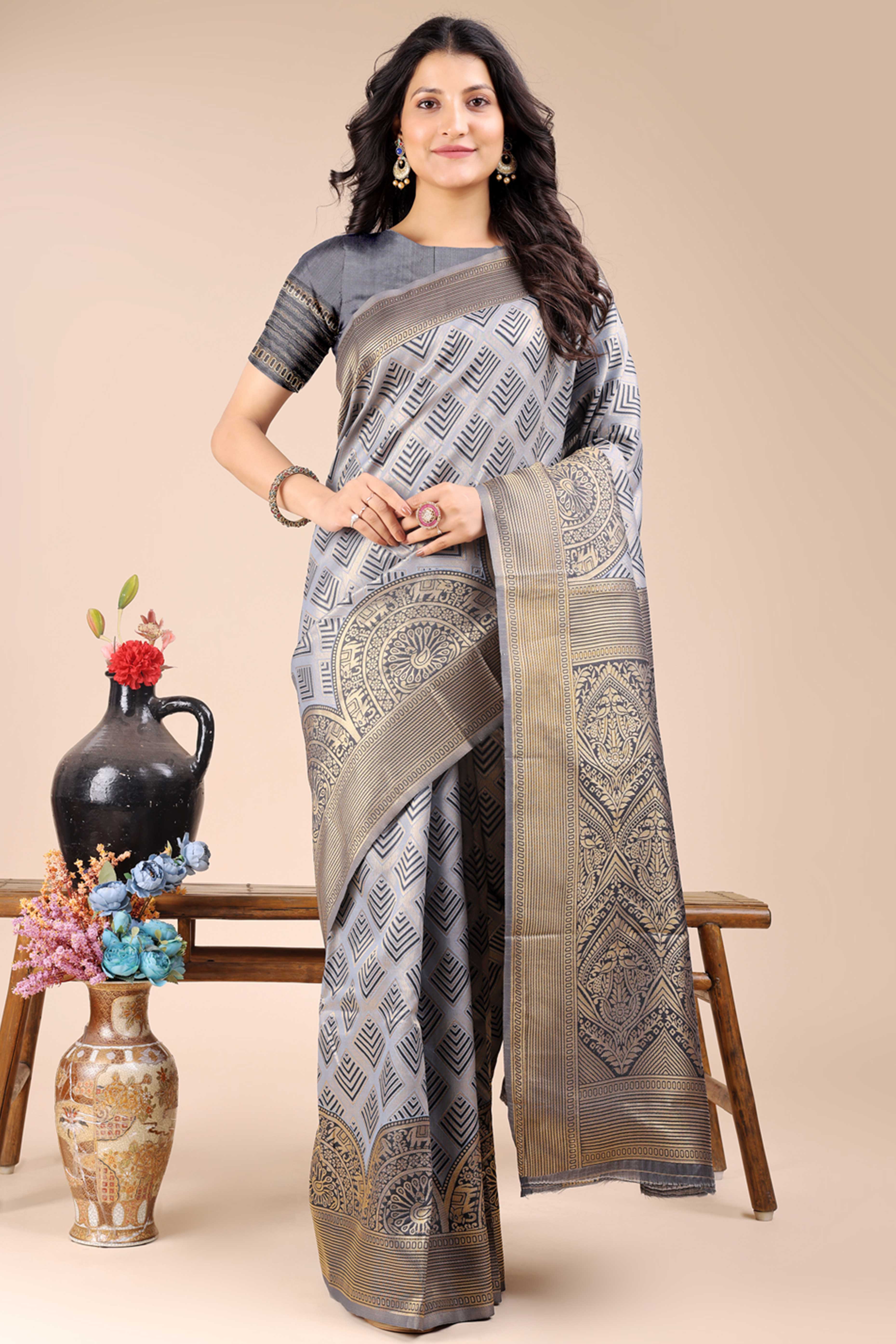 Grey Zari Woven Banarasi Silk Saree with Luxurious Detailing