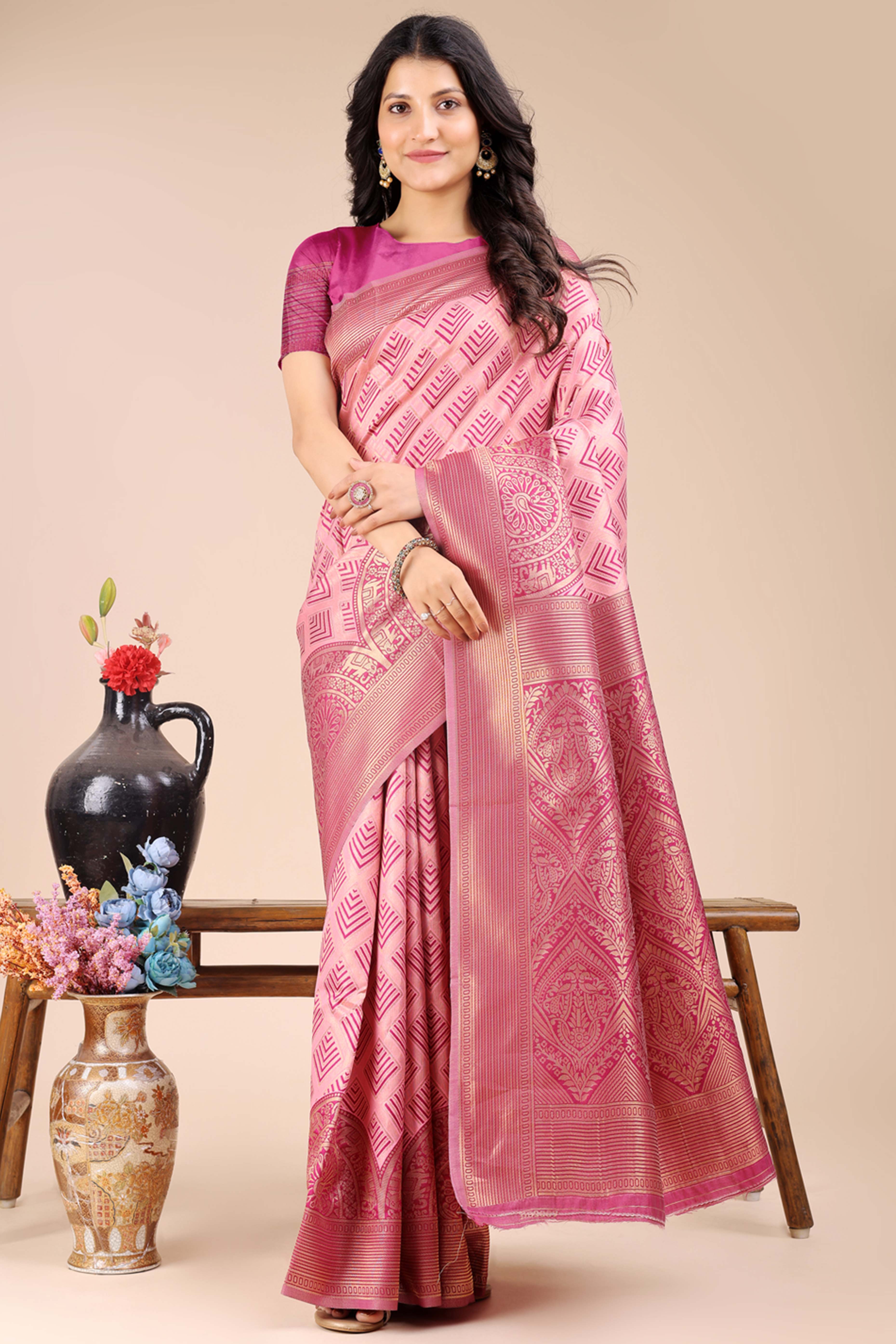 Light Pink Zari Woven Banarasi Silk Saree with Luxurious Detailing