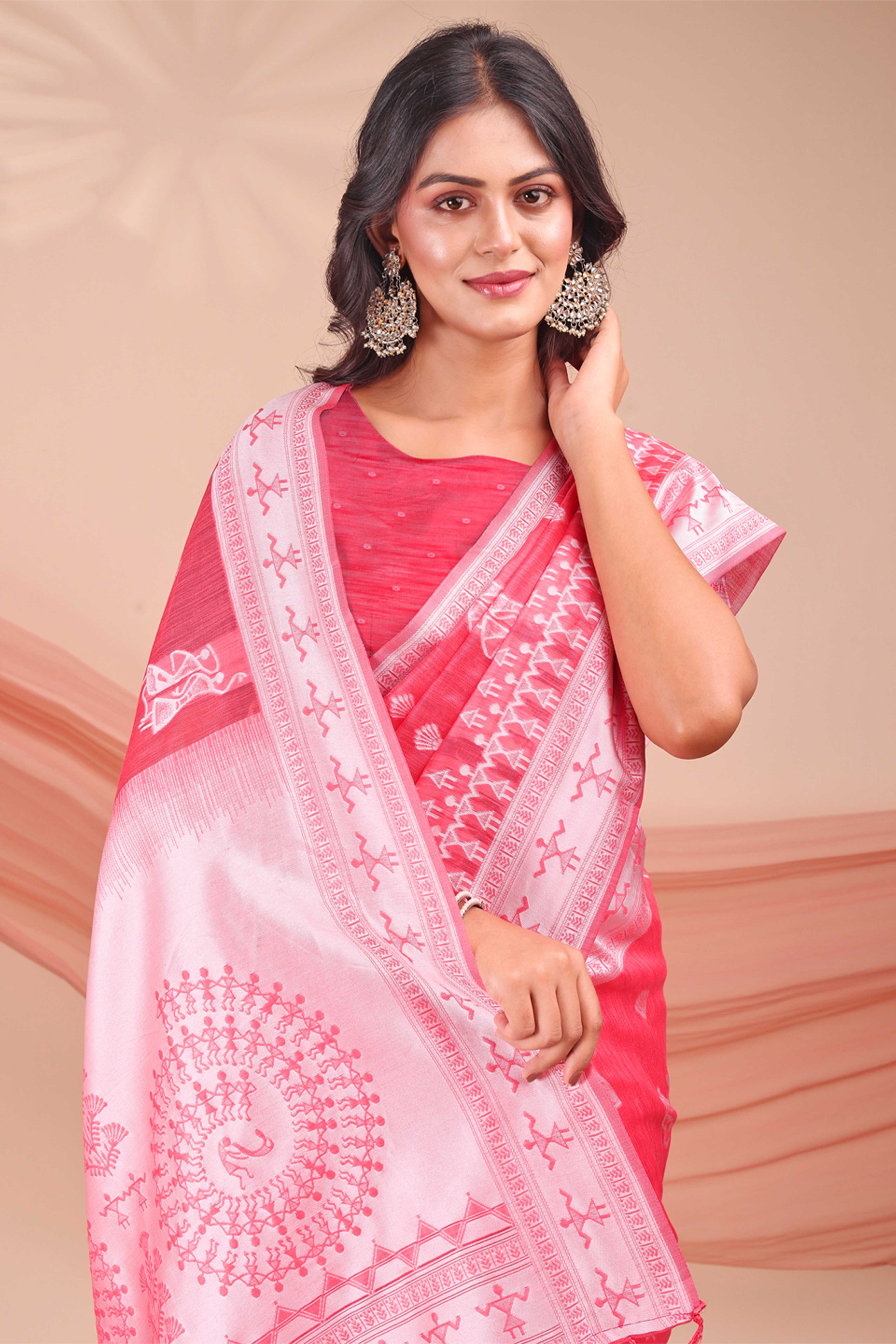 Pink Ethnic Saree in Soft Linen Cotton Fabric Featuring Warli Art Weaving