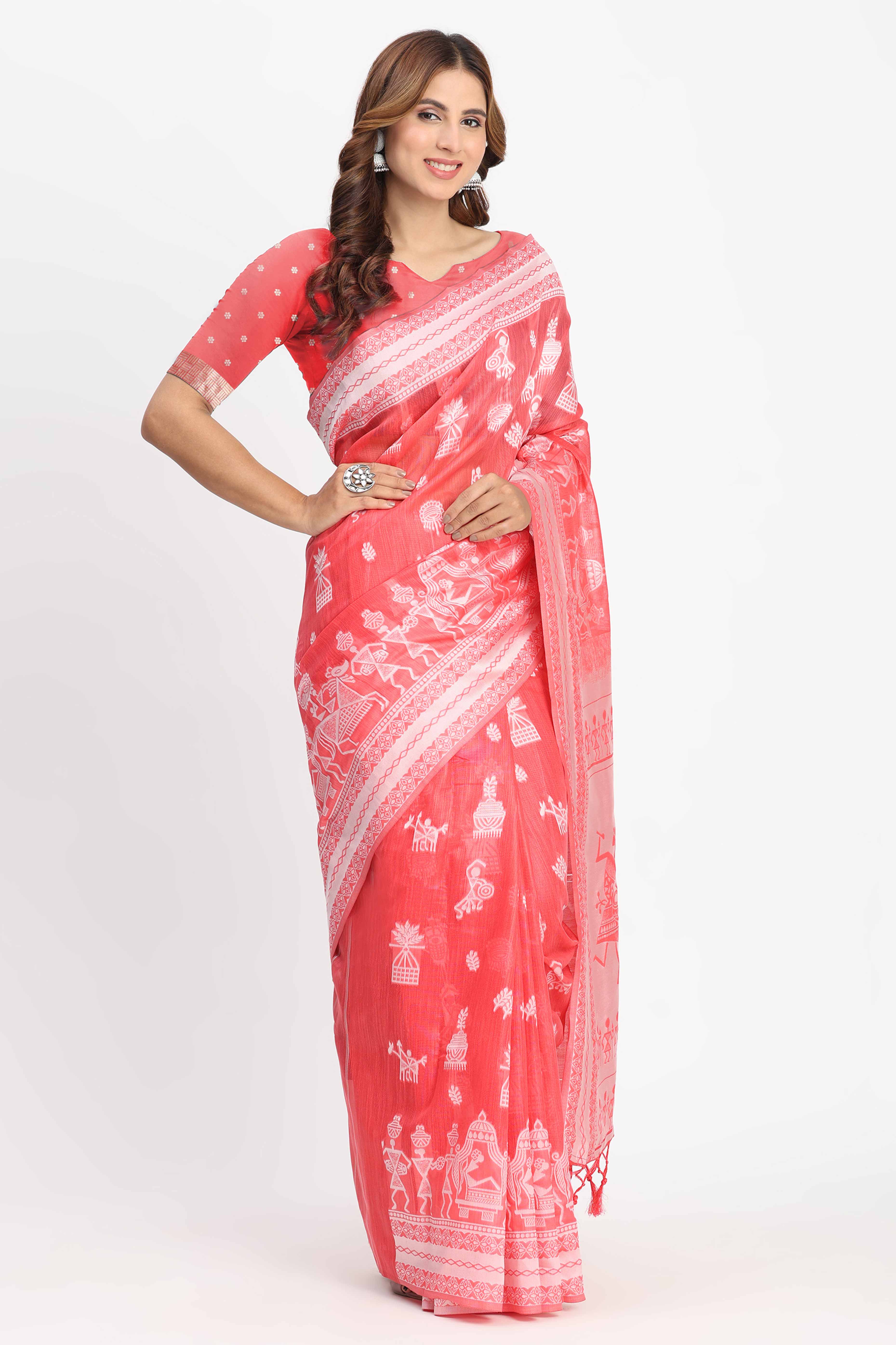 Coral Pink Linen Cotton Saree Showcasing Traditional Warli Motifs In Zari Weaving With Tassel Pallu