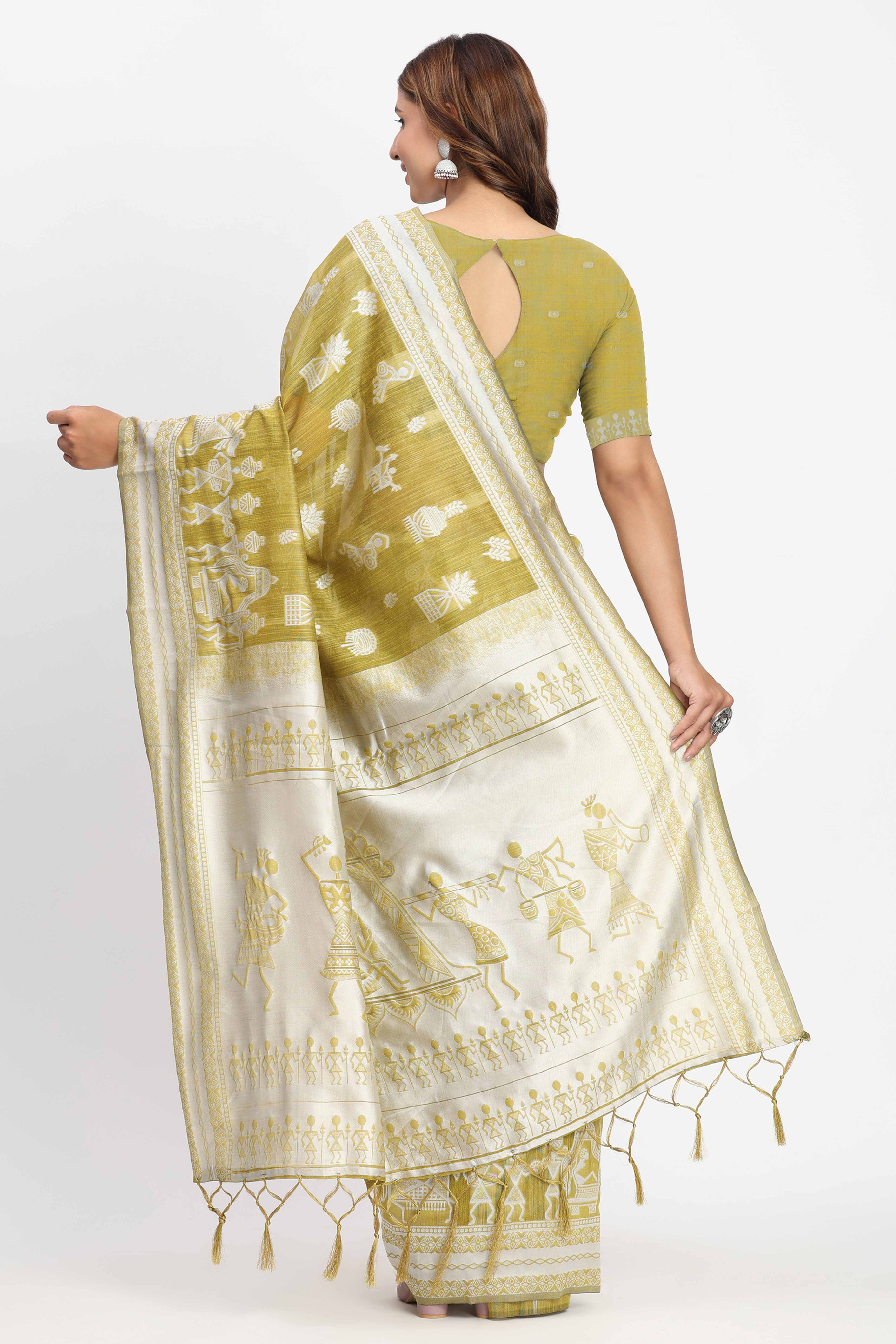 Green Linen Cotton Saree Showcasing Traditional Warli Motifs In Zari Weaving With Tassel Pallu