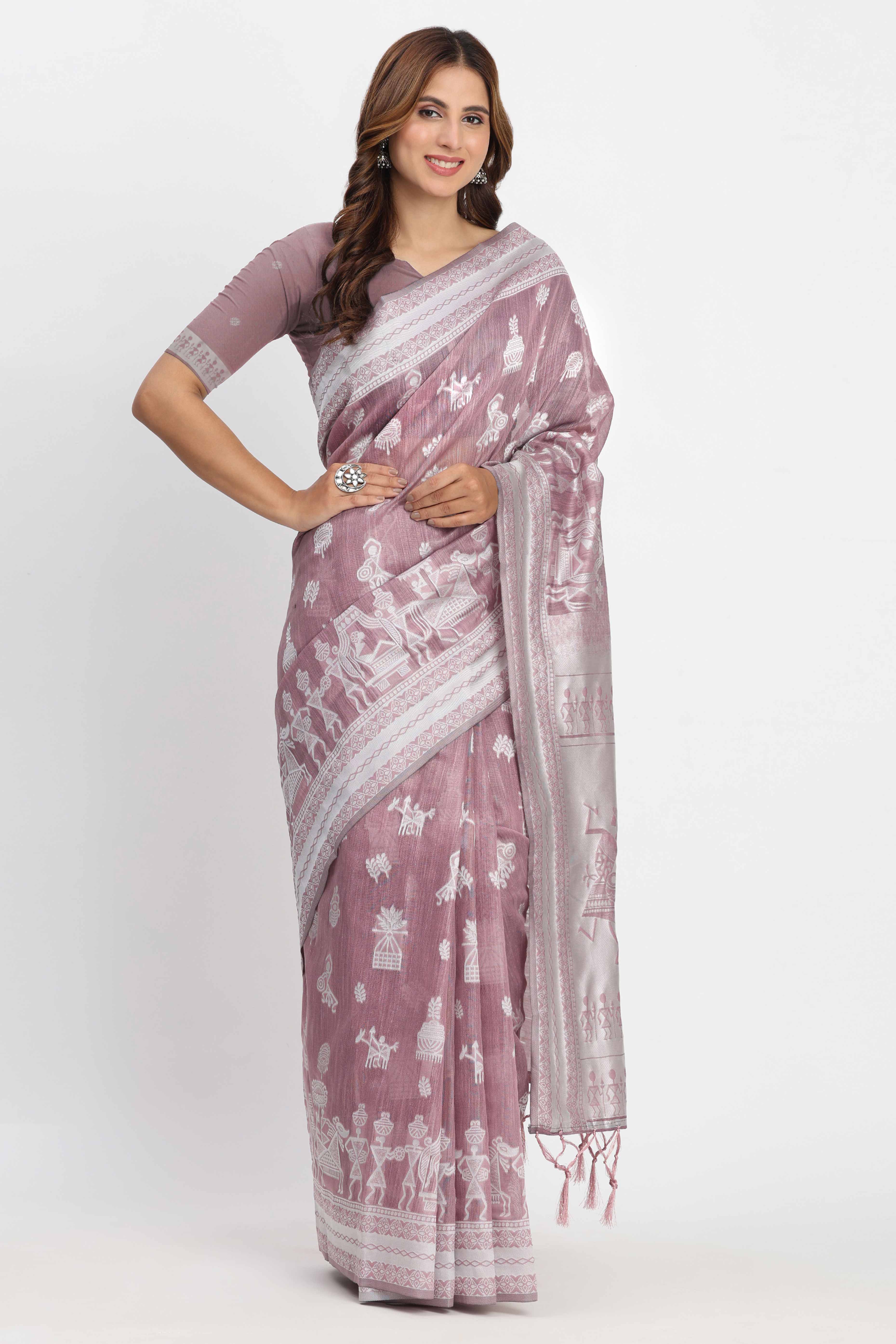 Mauve Linen Cotton Saree Showcasing Traditional Warli Motifs In Zari Weaving With Tassel Pallu