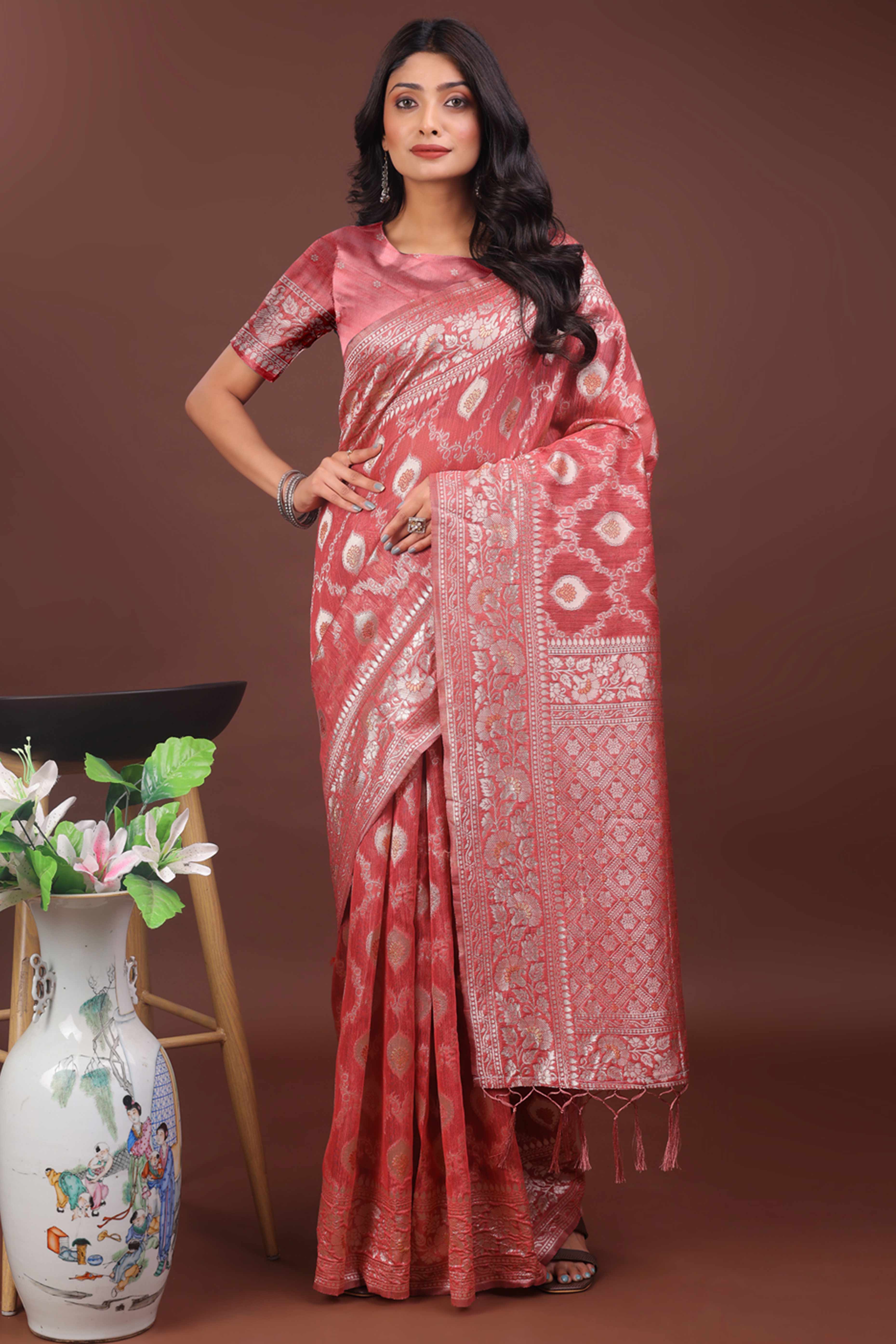 Peach Cotton Blend Saree with Banarasi Style Floral Design and Tassels