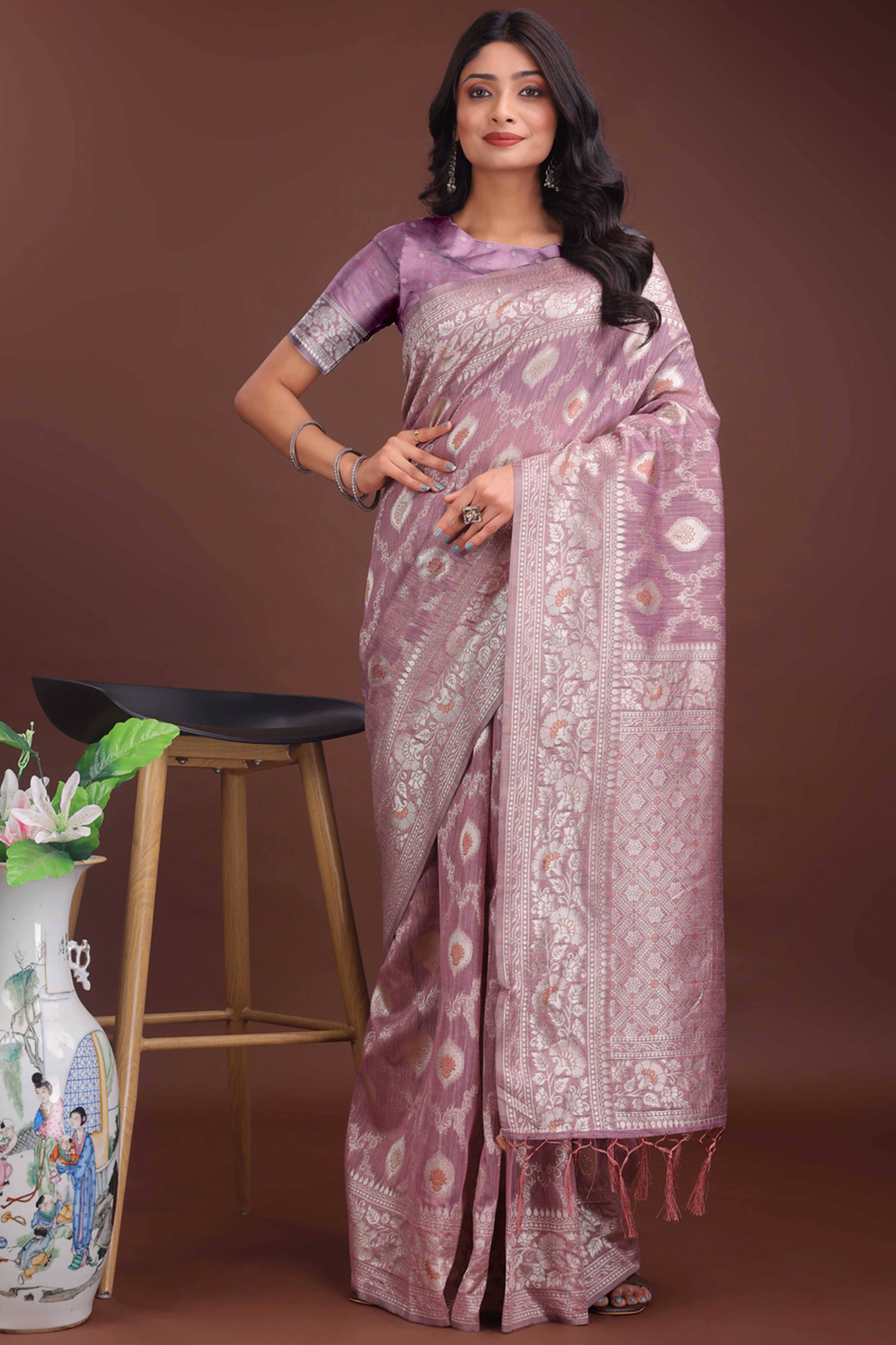 Dusty Mauve Cotton Blend Saree with Banarasi Style Floral Elegance and Tassels
