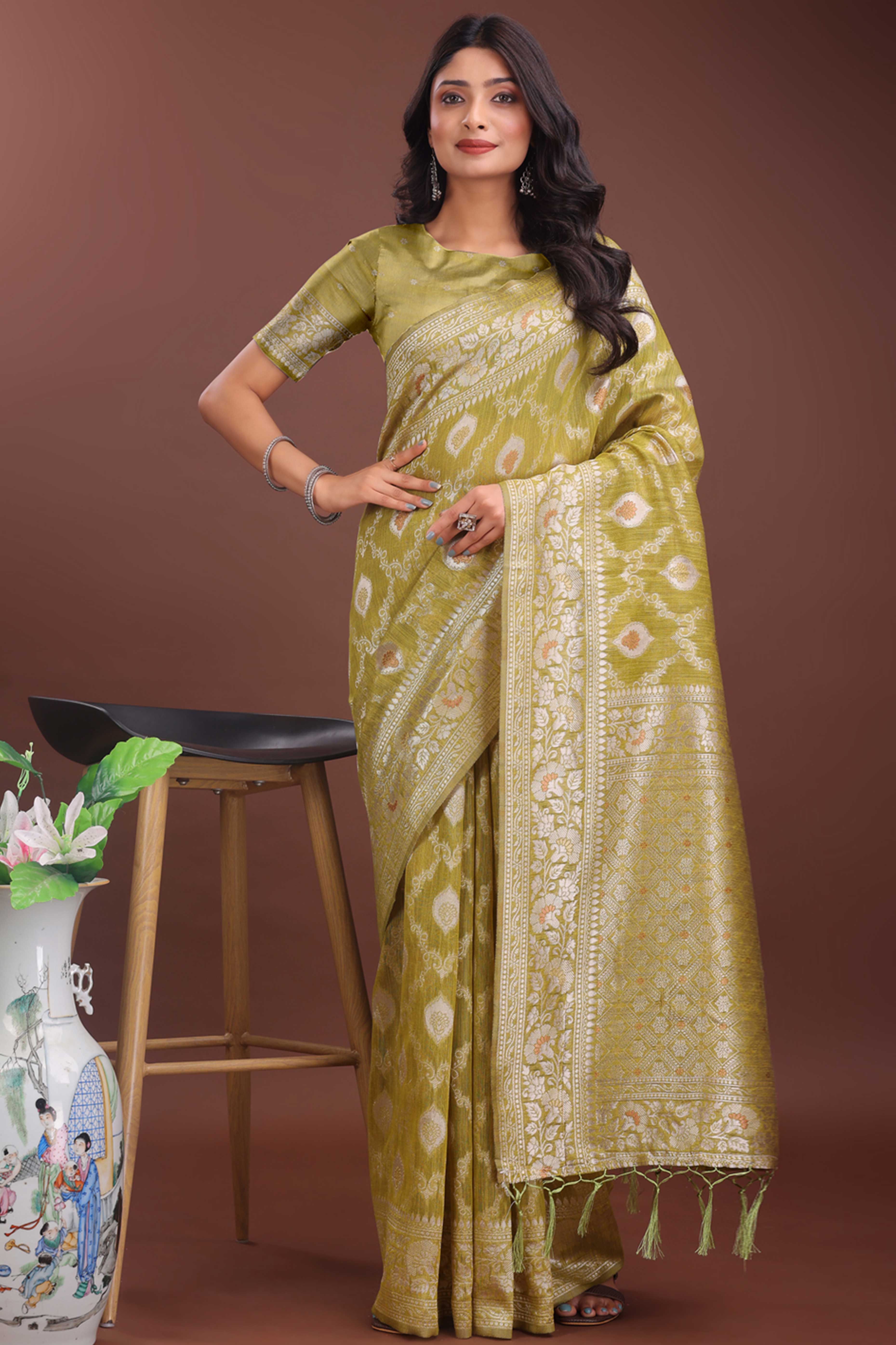 Olive Cotton Blend Saree with Banarasi Style Floral Motif and Tassels