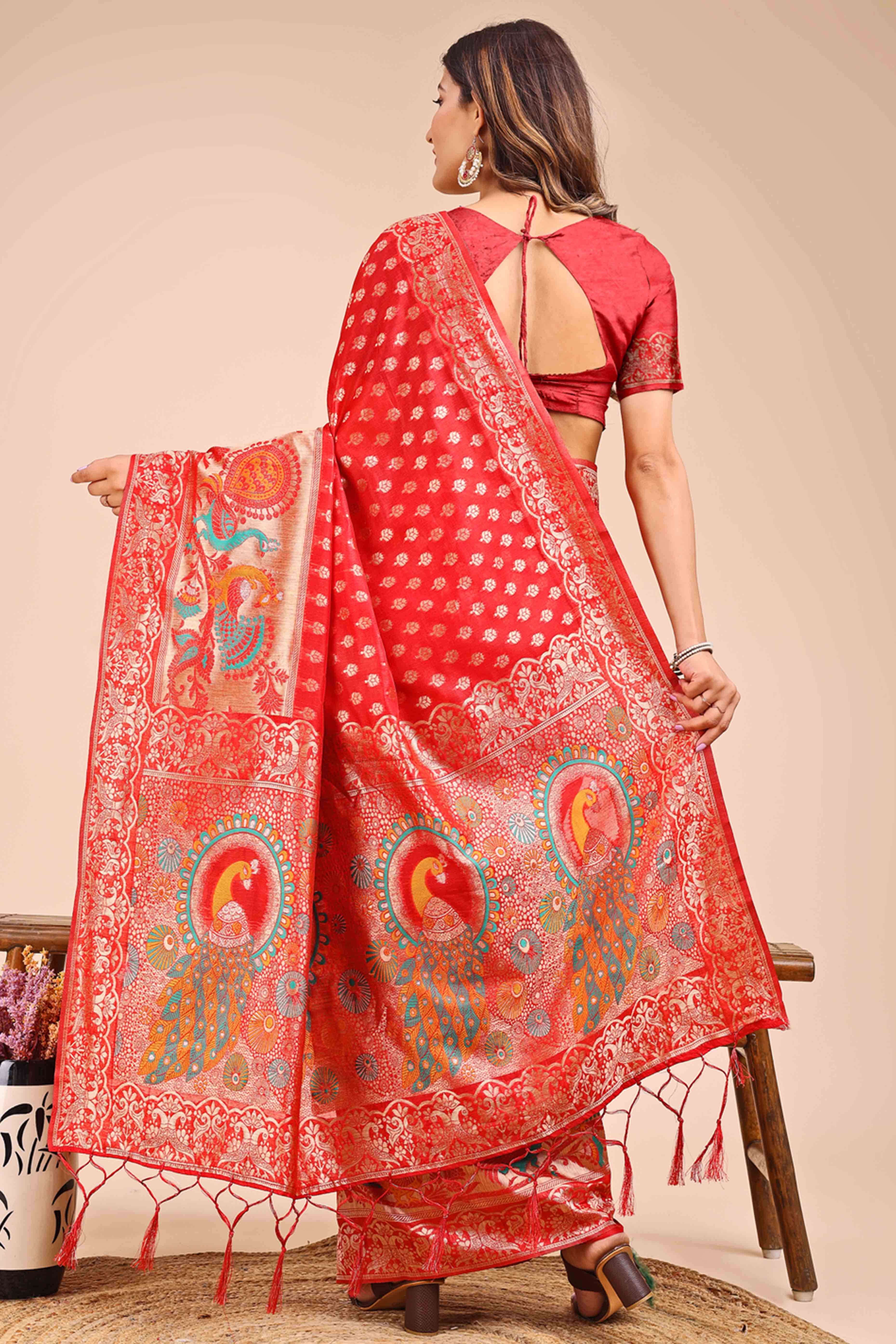 Red Floral Zari Weaving Embellished Linen Cotton Saree With Tassel Accents