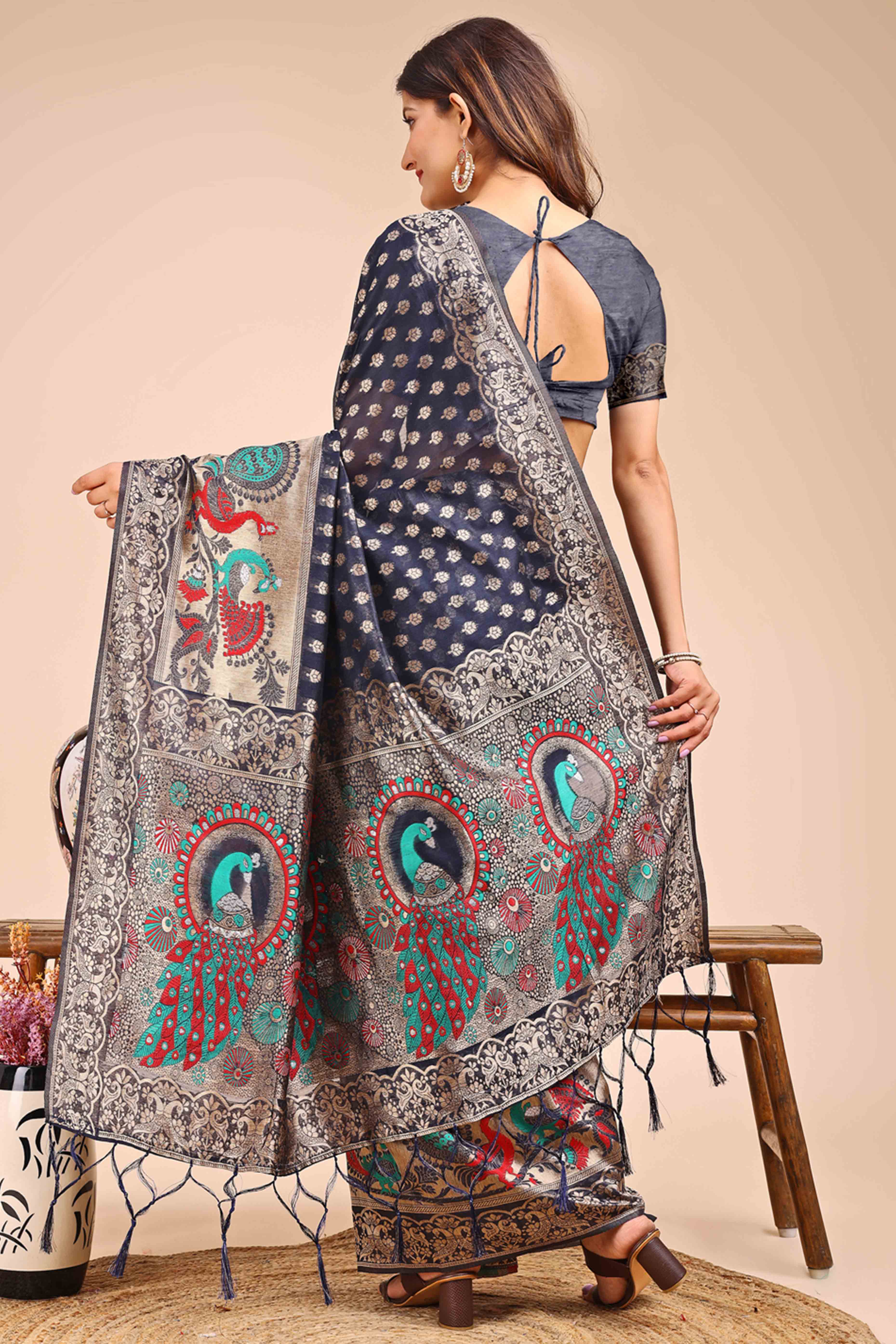 Navy Blue Floral Zari Weaving Embellished Linen Cotton Saree With Tassel Accents