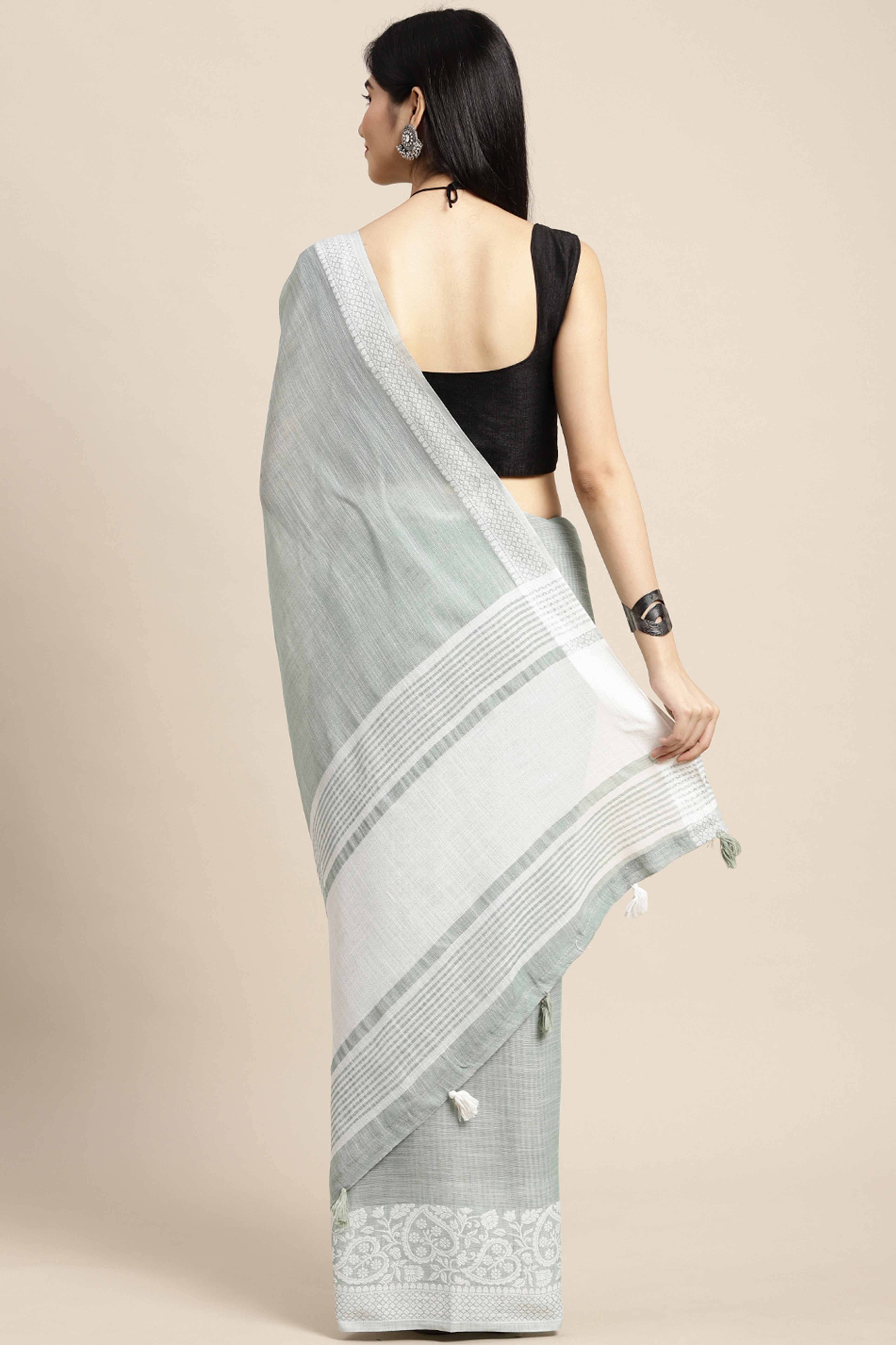 Sea Green Festive Linen Weaving Saree with Silver Zari Border & Pallu