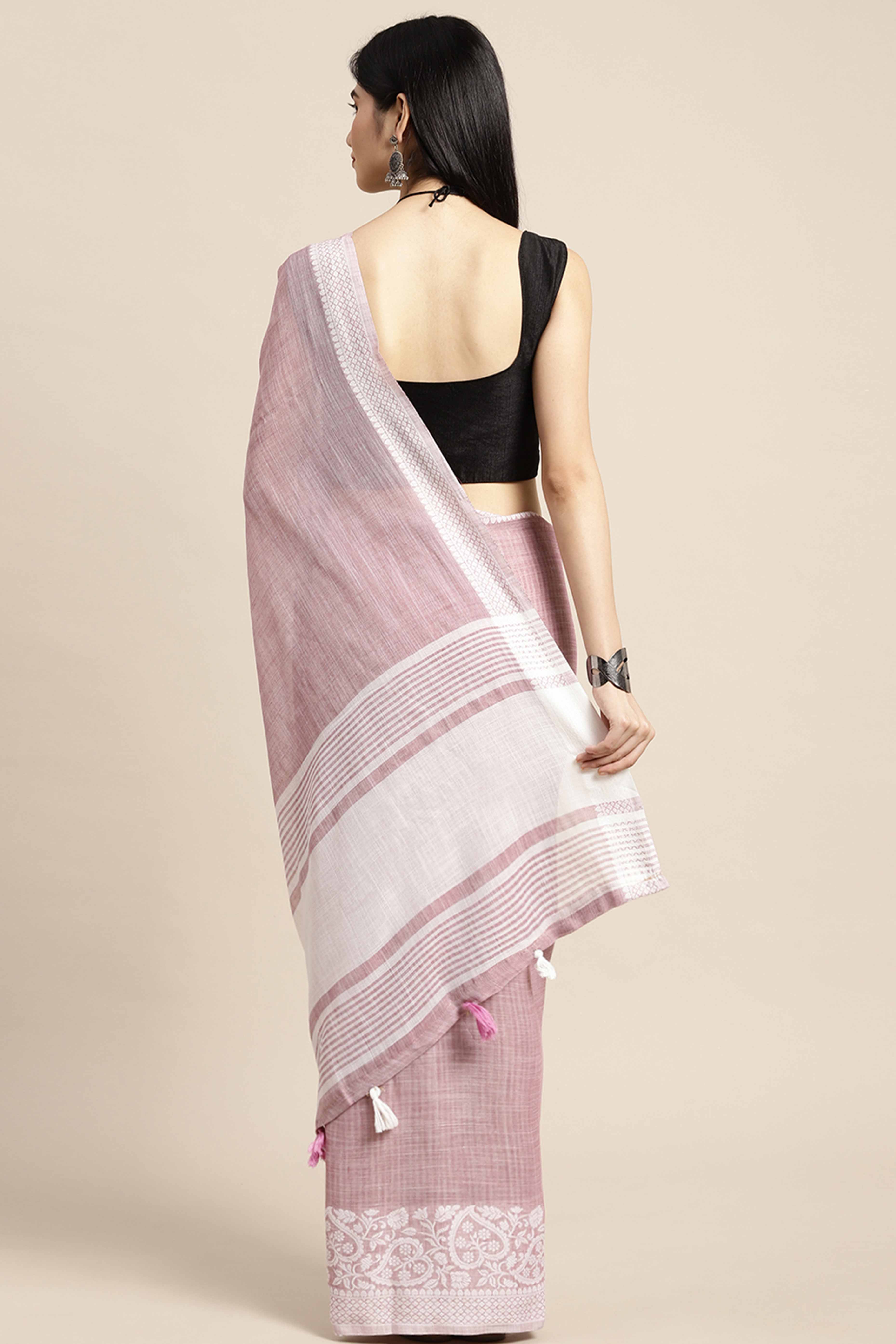 Purple Festive Linen Weaving Saree with Silver Zari Border & Pallu