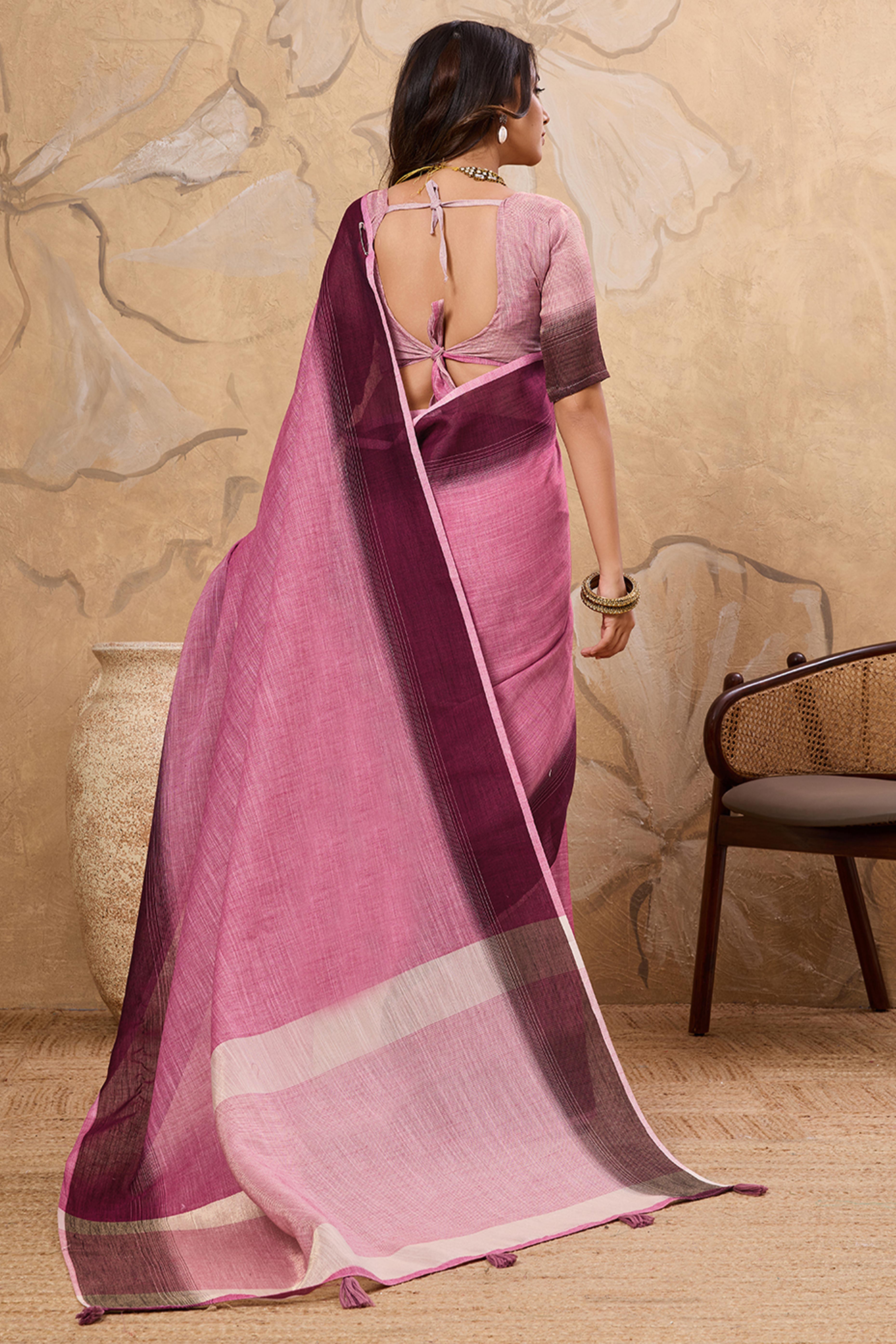 Stylish Pink Linen Saree With Zari Weaving Work & Tassel Pallu Charm