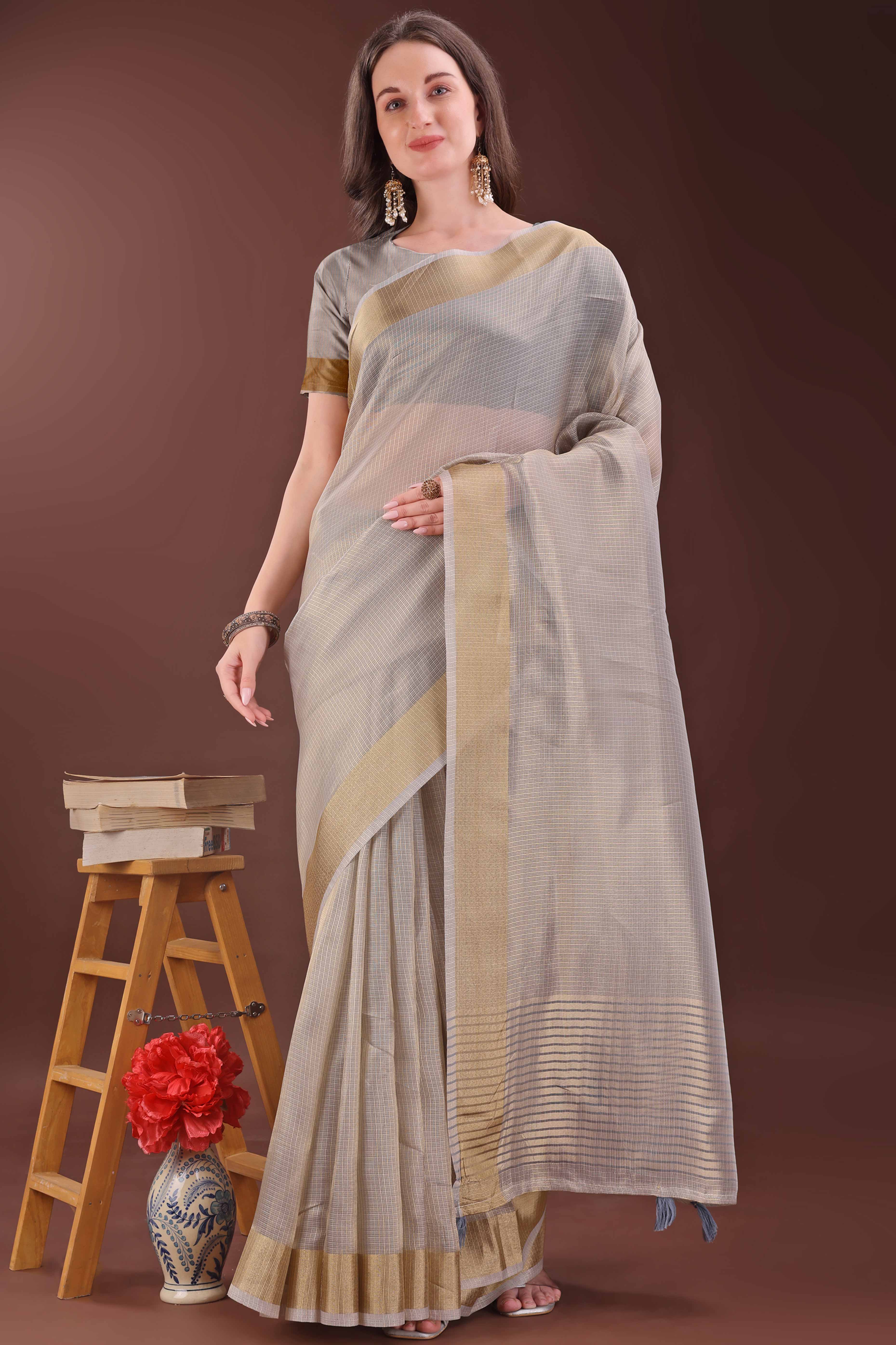Light Brown Zari Woven Organza Saree With Graceful Tassel Border