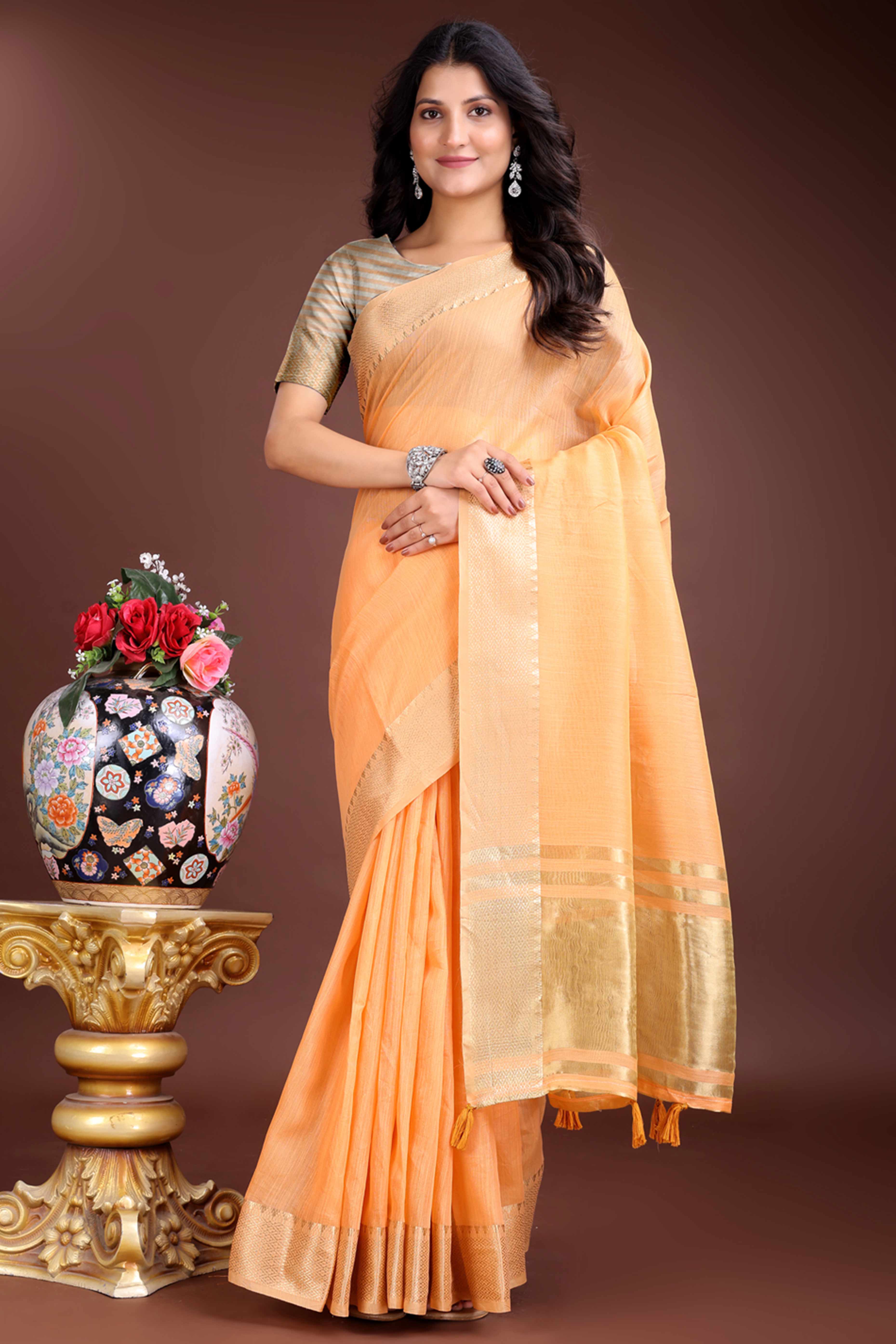 Orange Cotton Silk Saree with Solid Zari Woven Border and Tassels