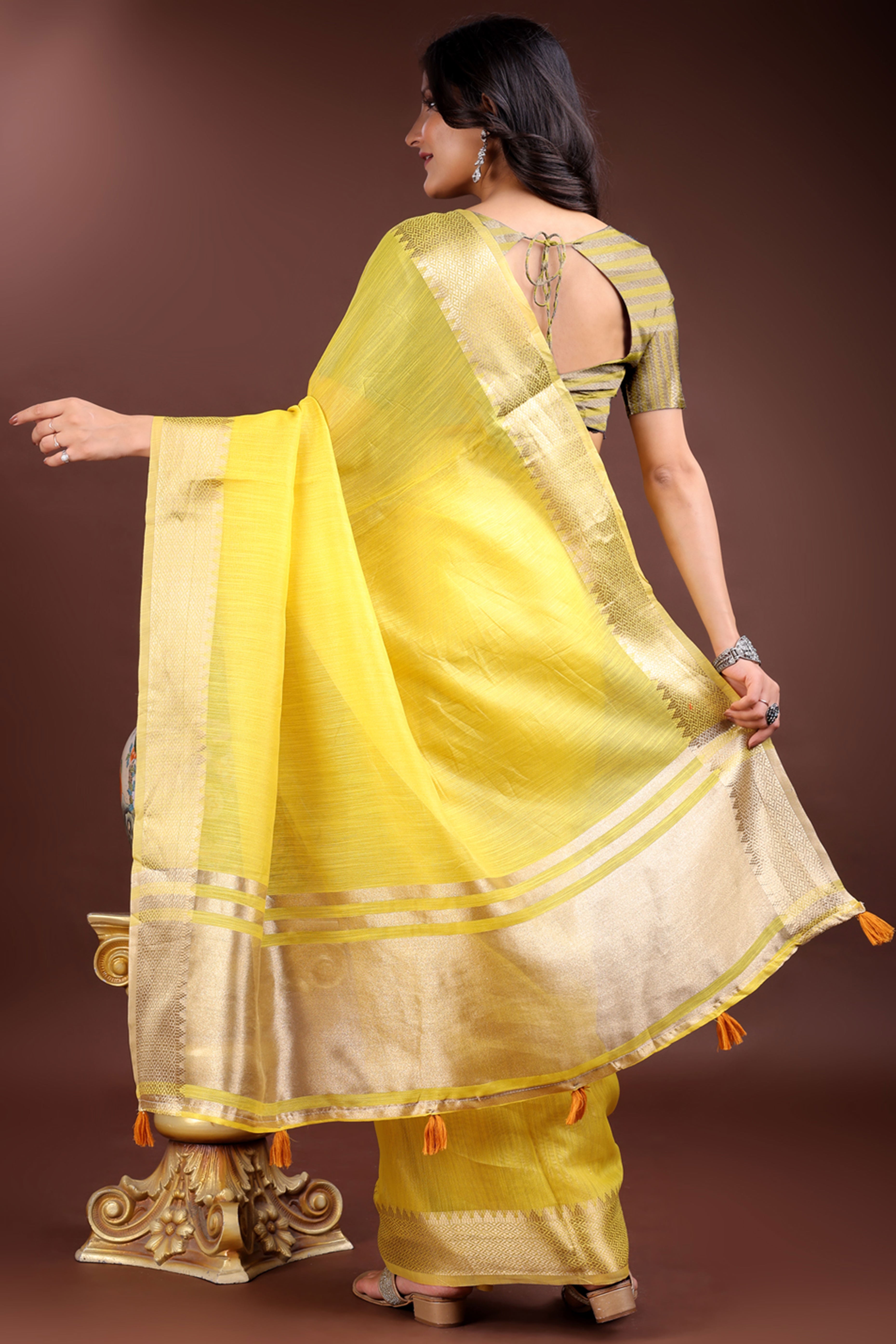 Yellow Cotton Silk Saree with Solid Zari Woven Edge and Tassels