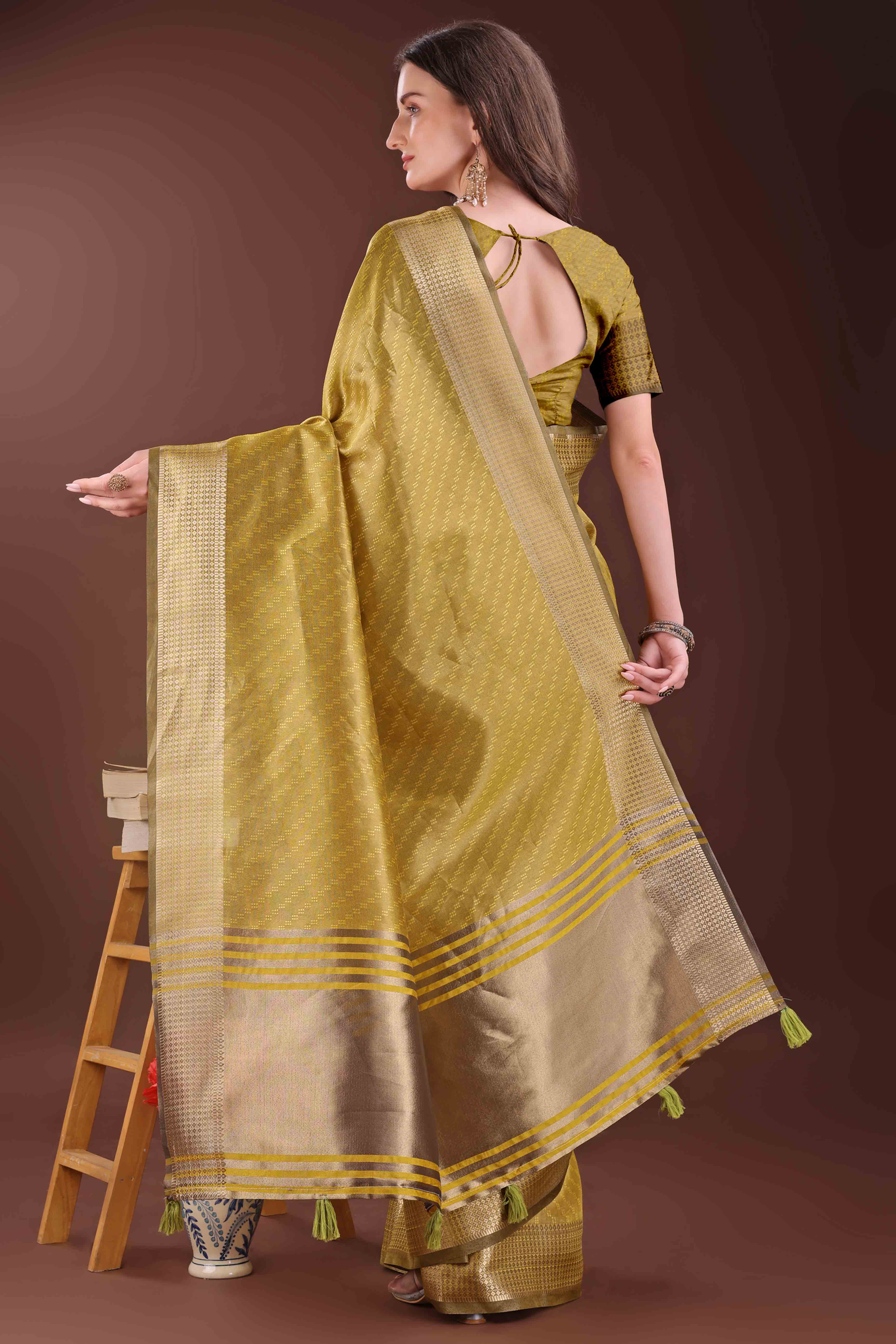 Mustard Zari Weaving Organza Saree With Tassel Border