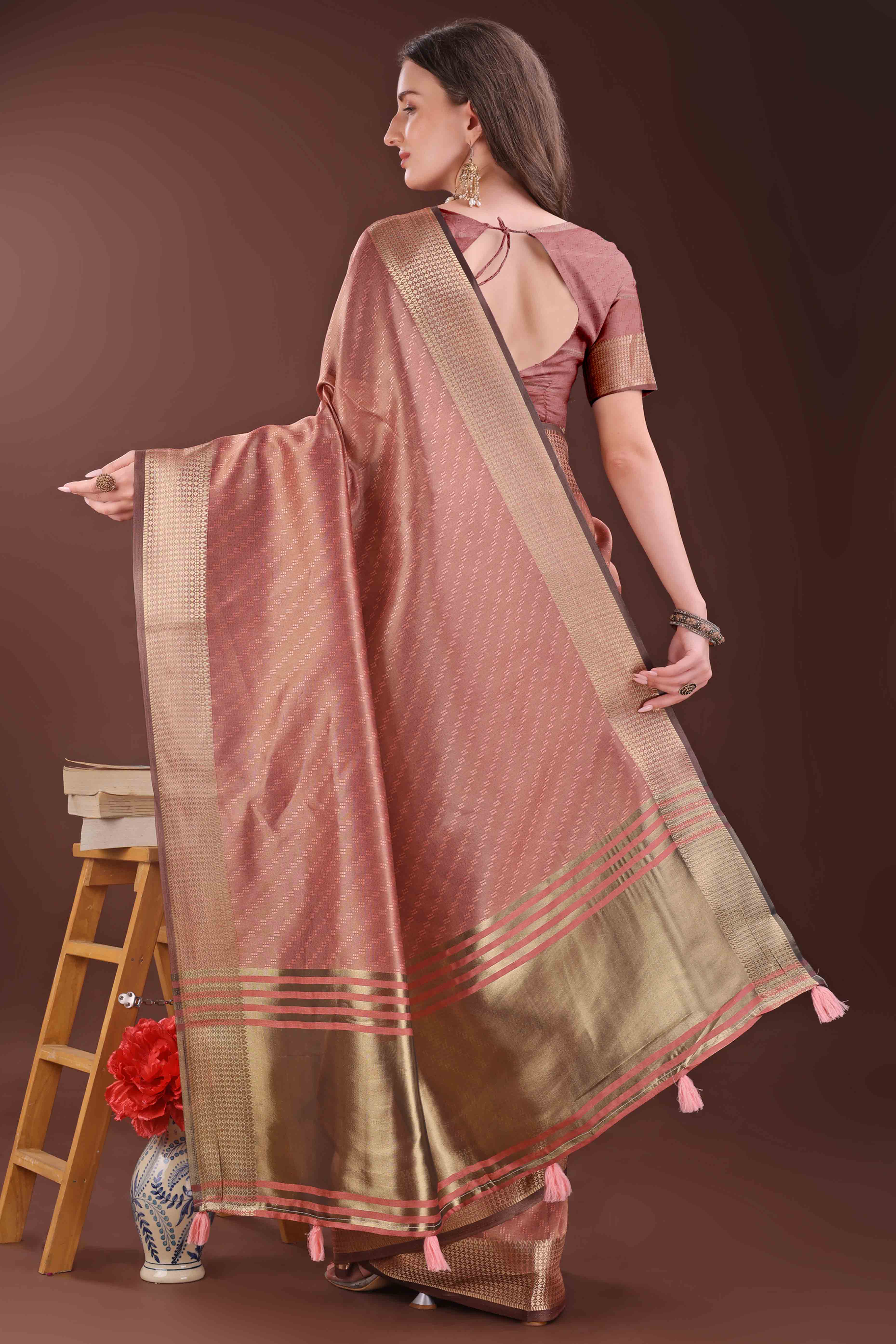 Dark Dusty Peach Zari Weaving Organza Saree With Tassel Border