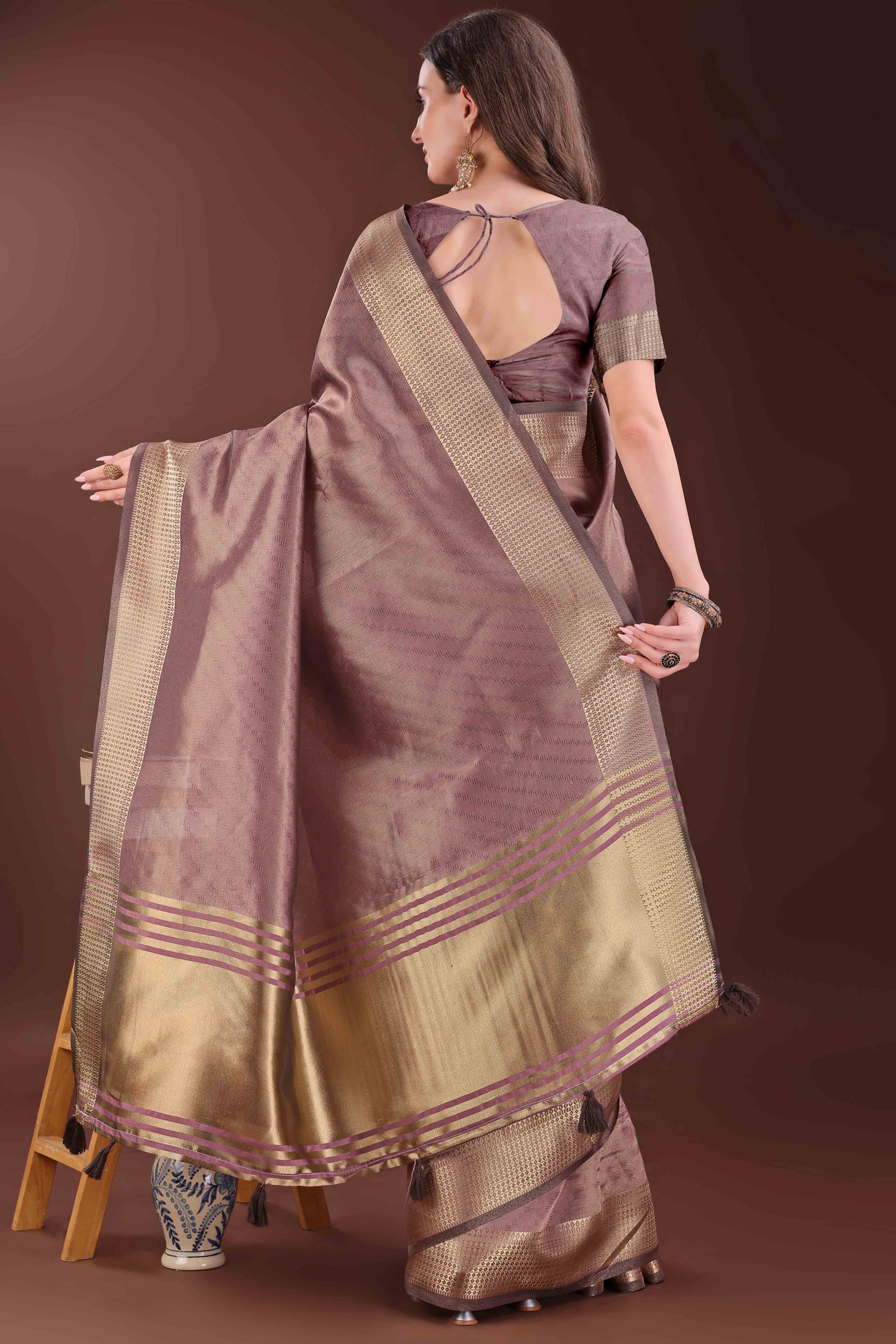 Mauve Zari Weaving Organza Saree With Tassel Border
