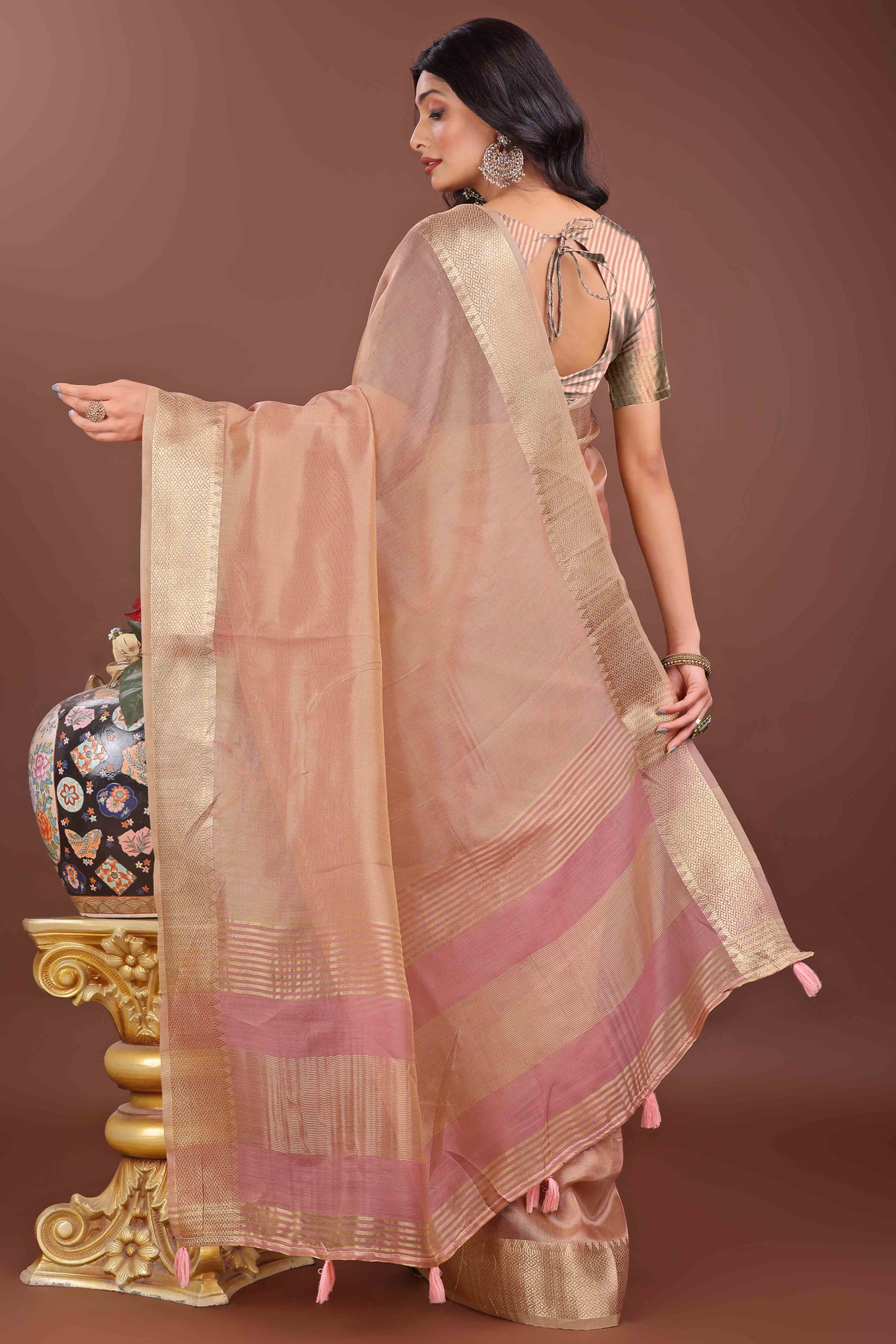 Peach Solid With Zari Woven Organza Saree With Tassel Border