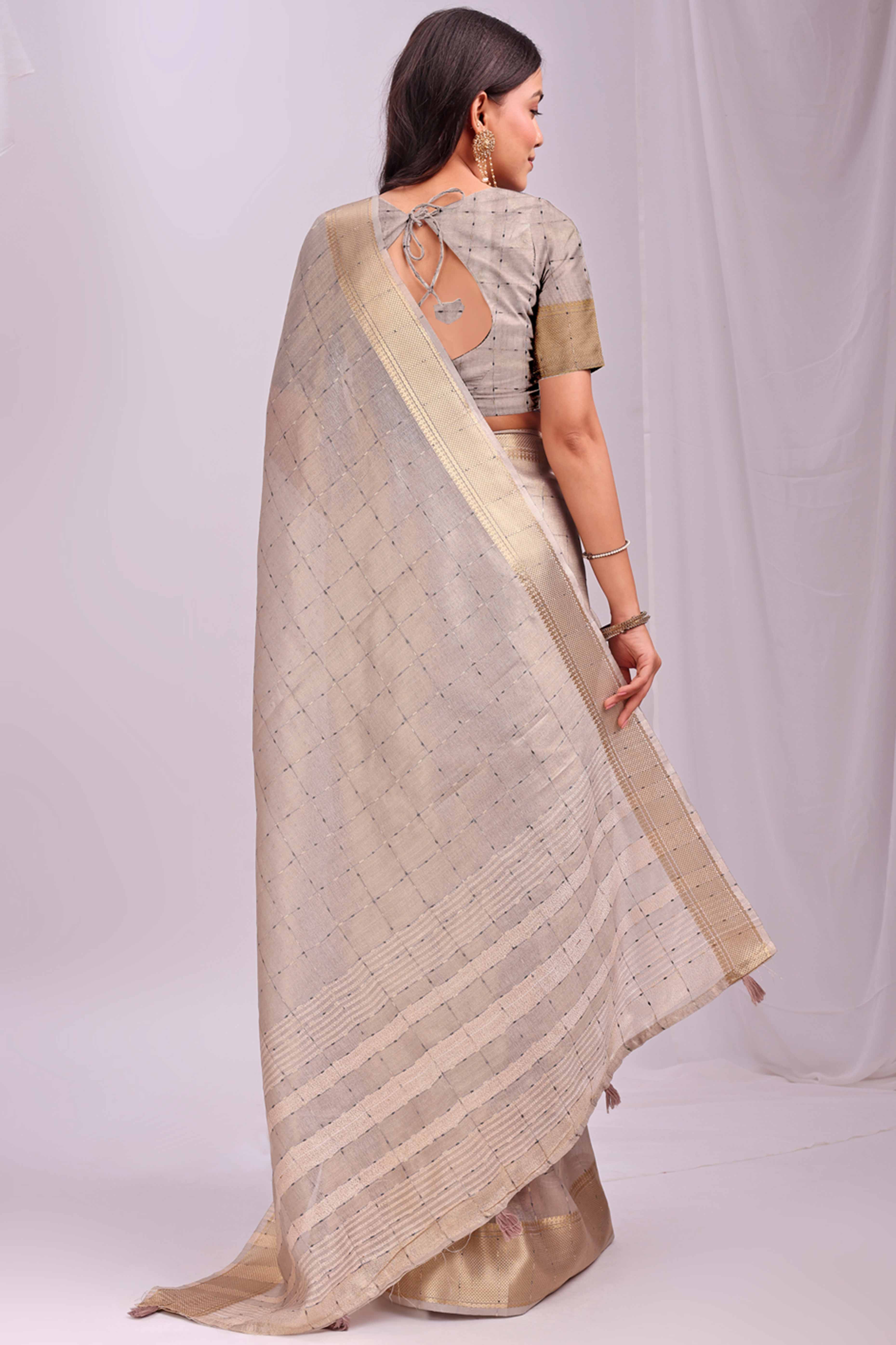 Cream Lightweight Organza Saree with Rich Zari Checks Pattern