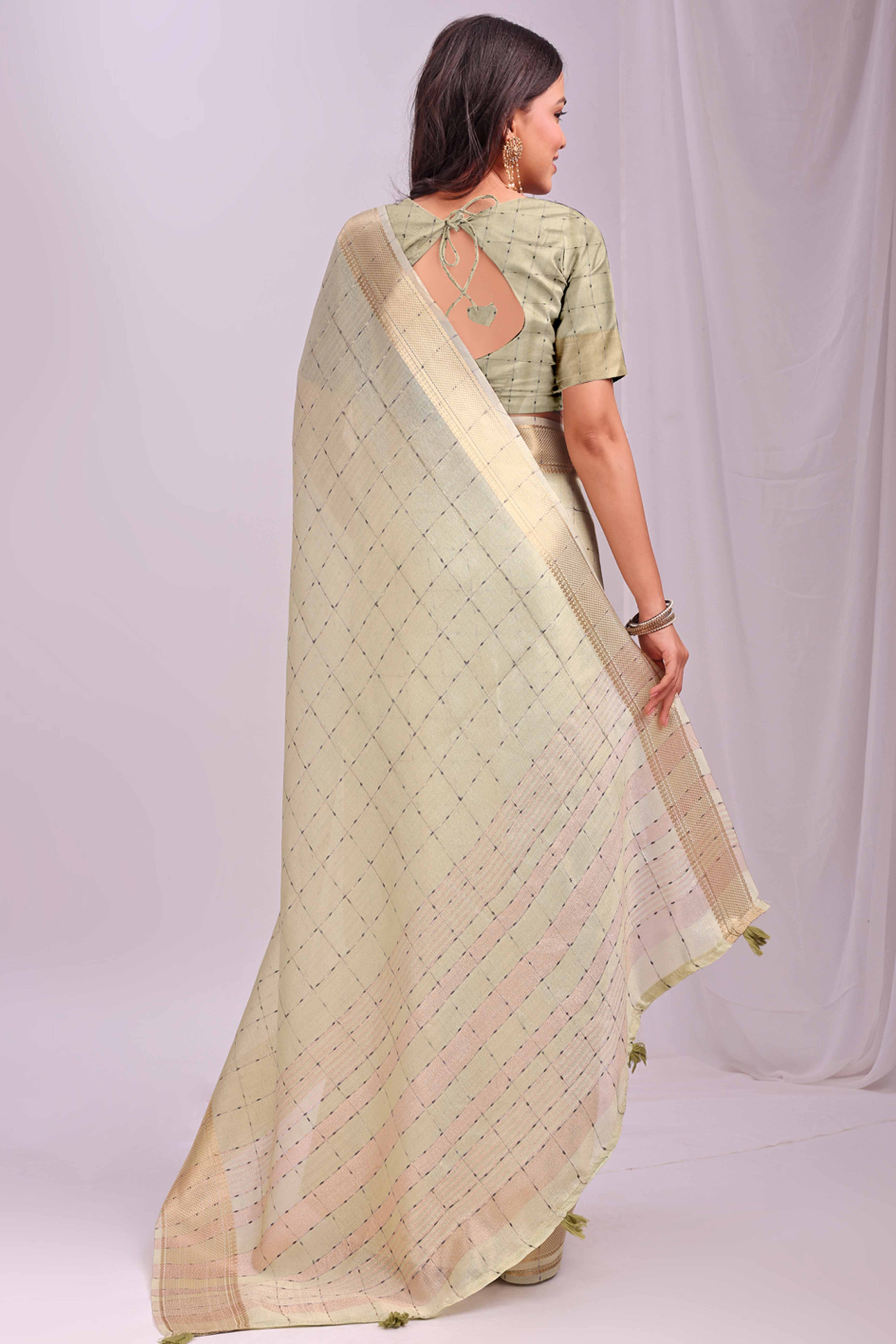 Light Green Lightweight Organza Saree with Rich Zari Checks Pattern
