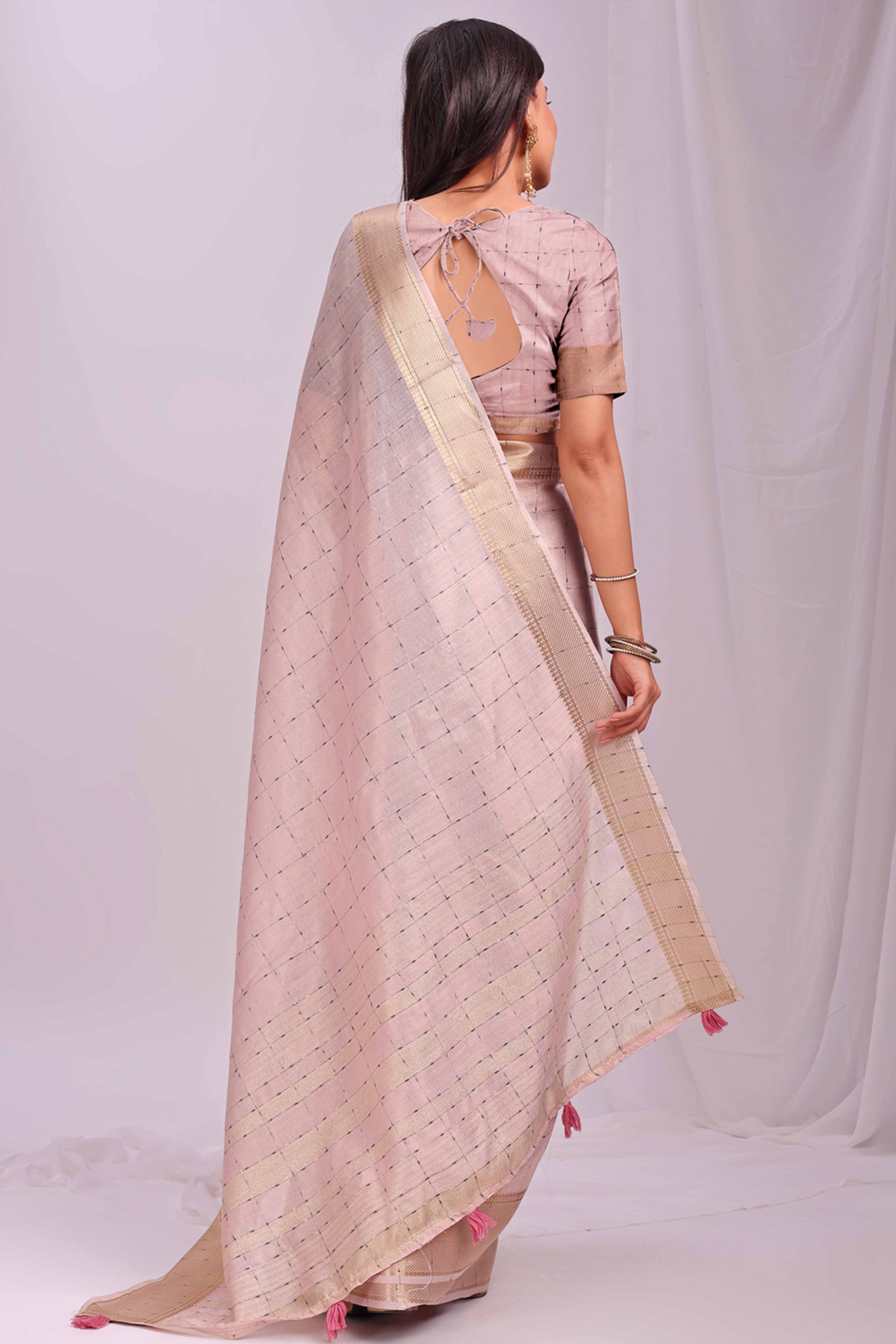 Peach Lightweight Organza Saree with Rich Zari Checks Pattern