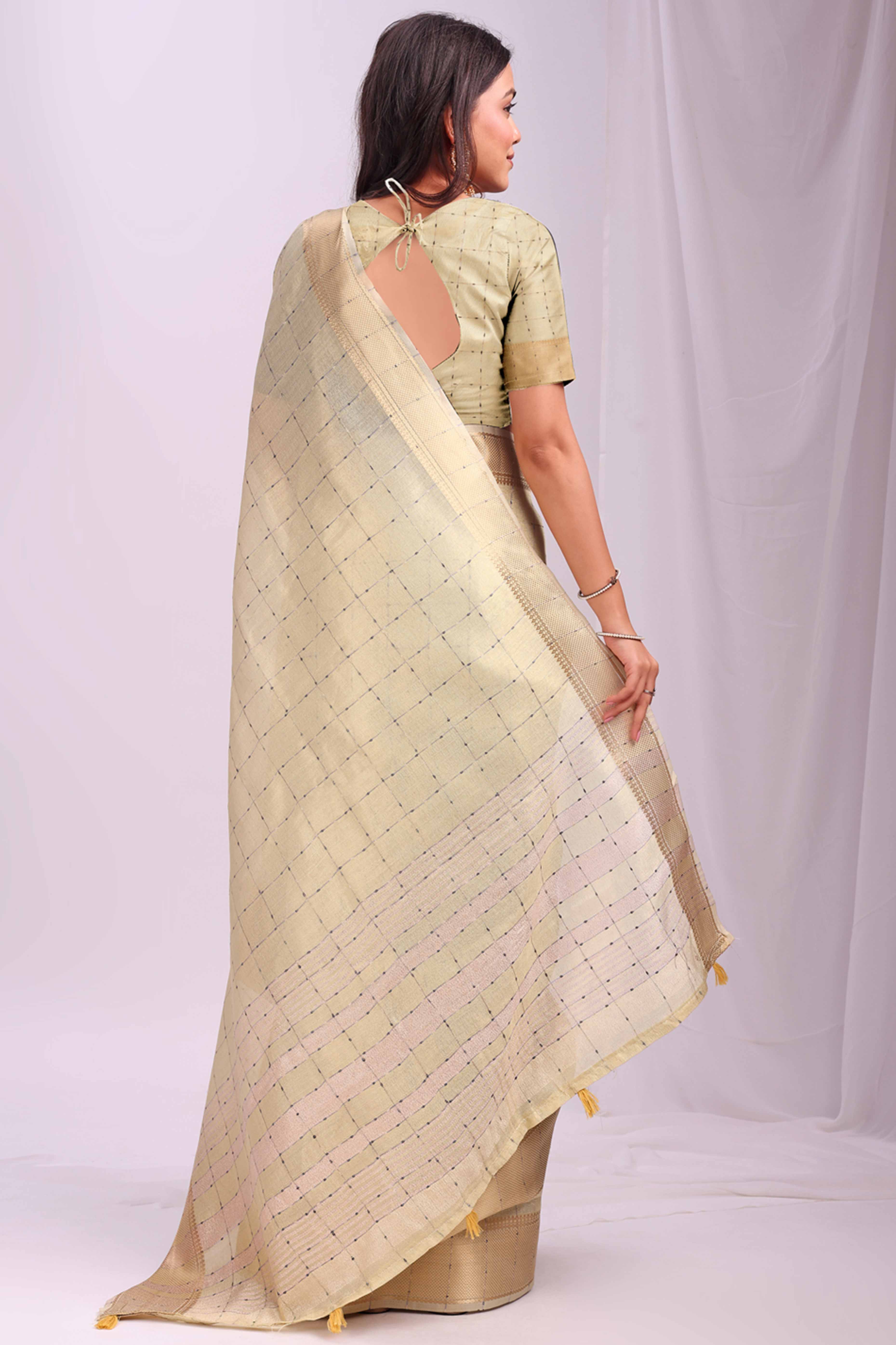 Gold Lightweight Organza Saree with Rich Zari Checks Pattern