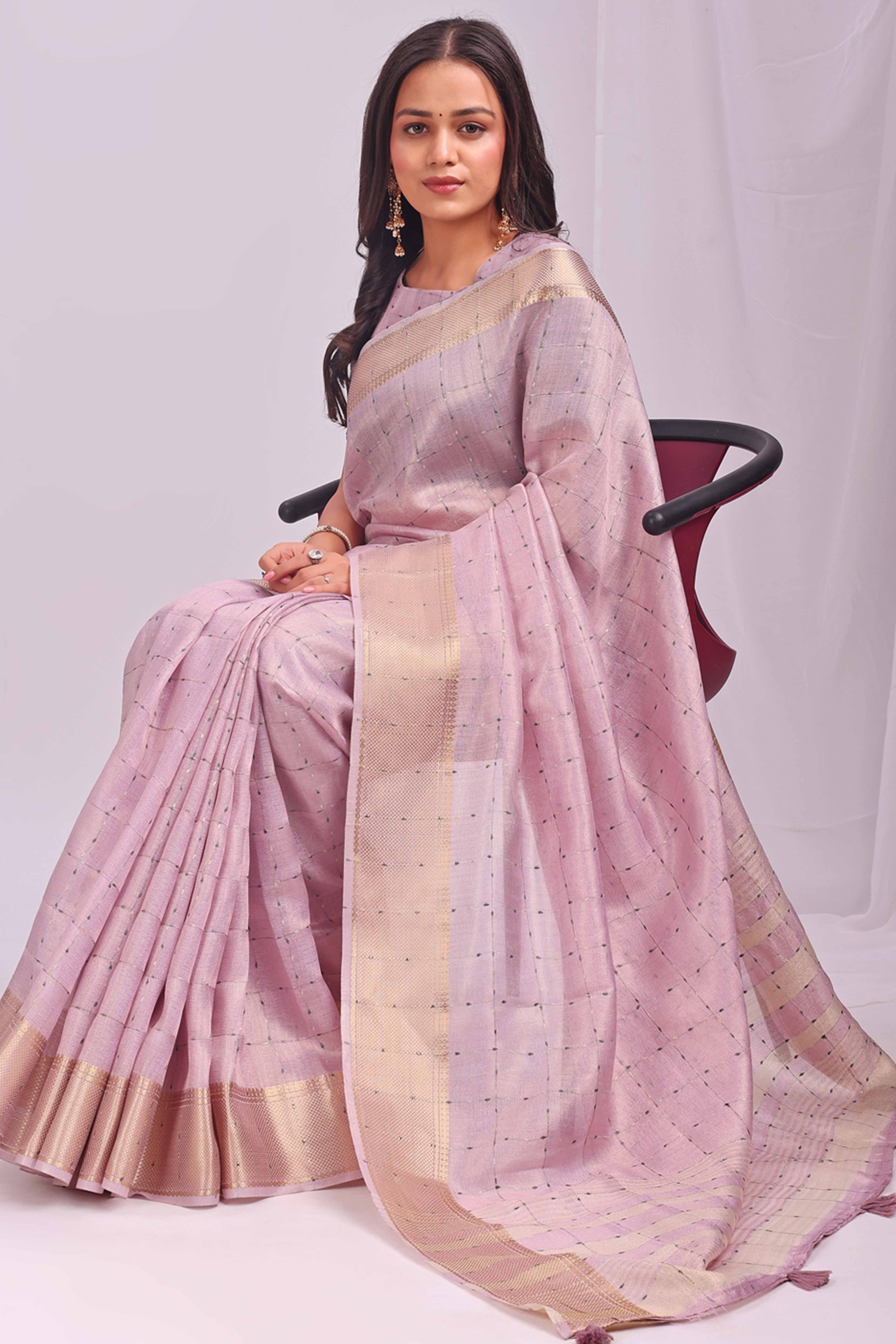 Light Pink Lightweight Organza Saree with Rich Zari Checks Pattern