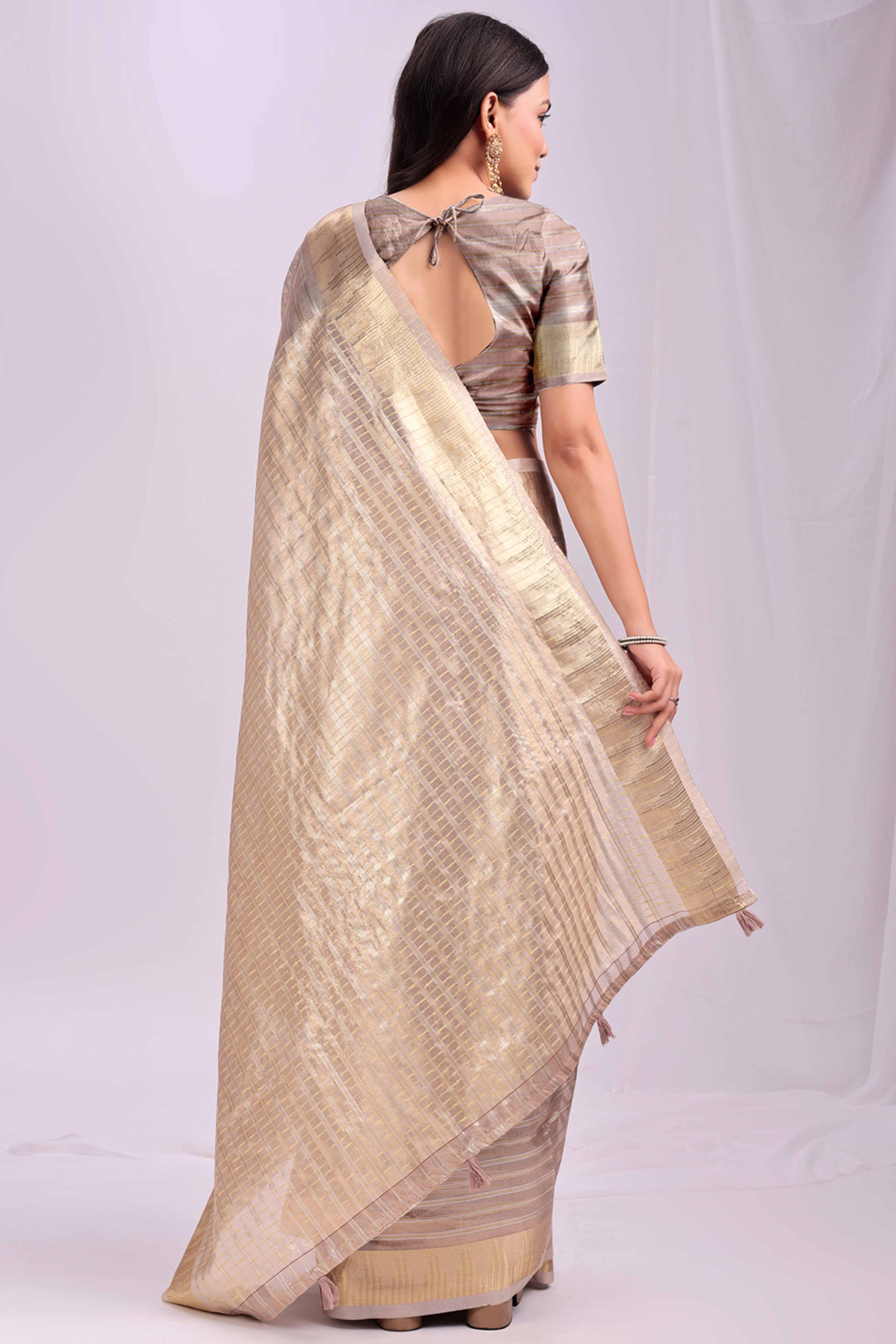 Beige Lightweight Organza Saree with Rich Zari Stripes Pattern