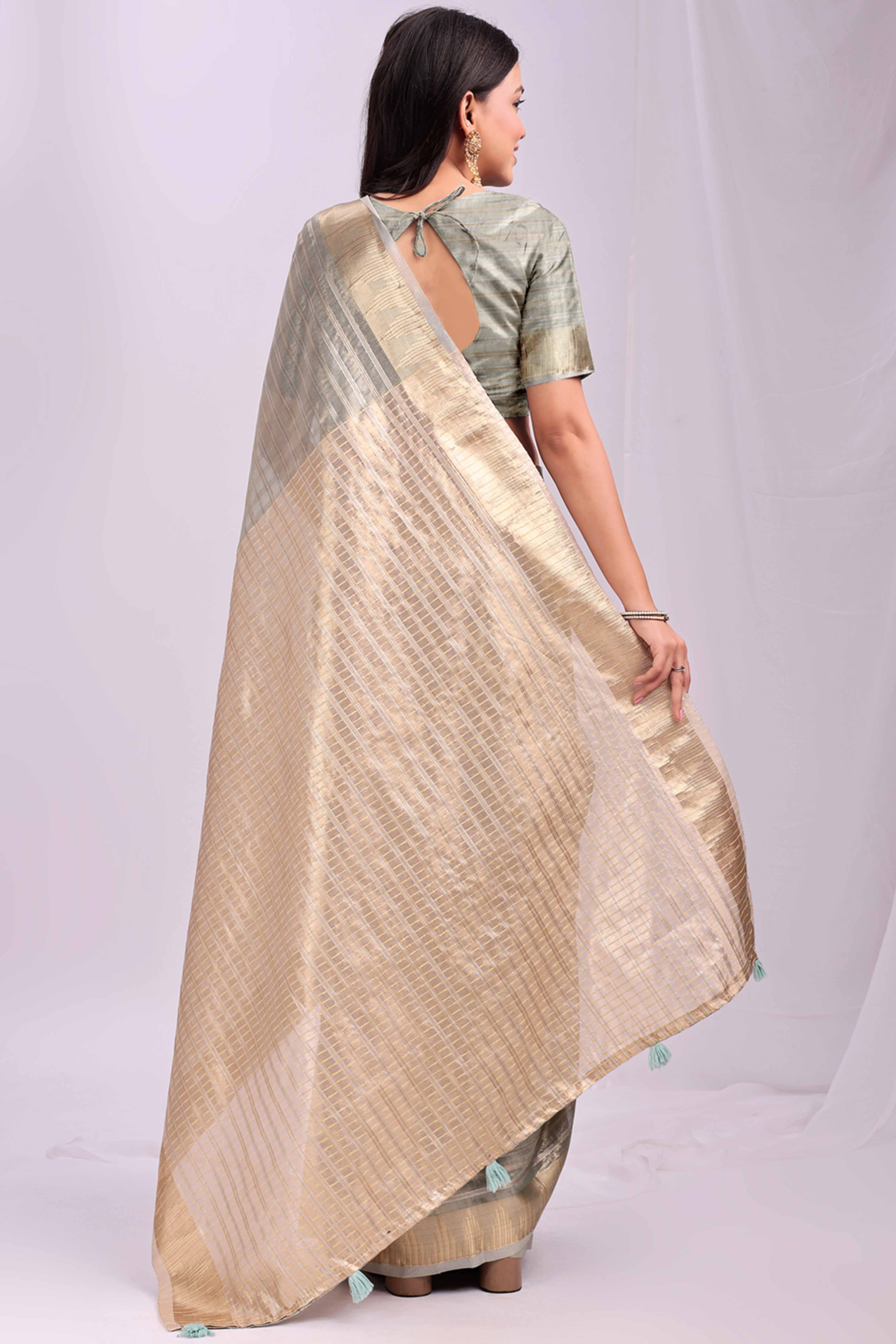 Sea Green Lightweight Organza Saree with Rich Zari Stripes Pattern