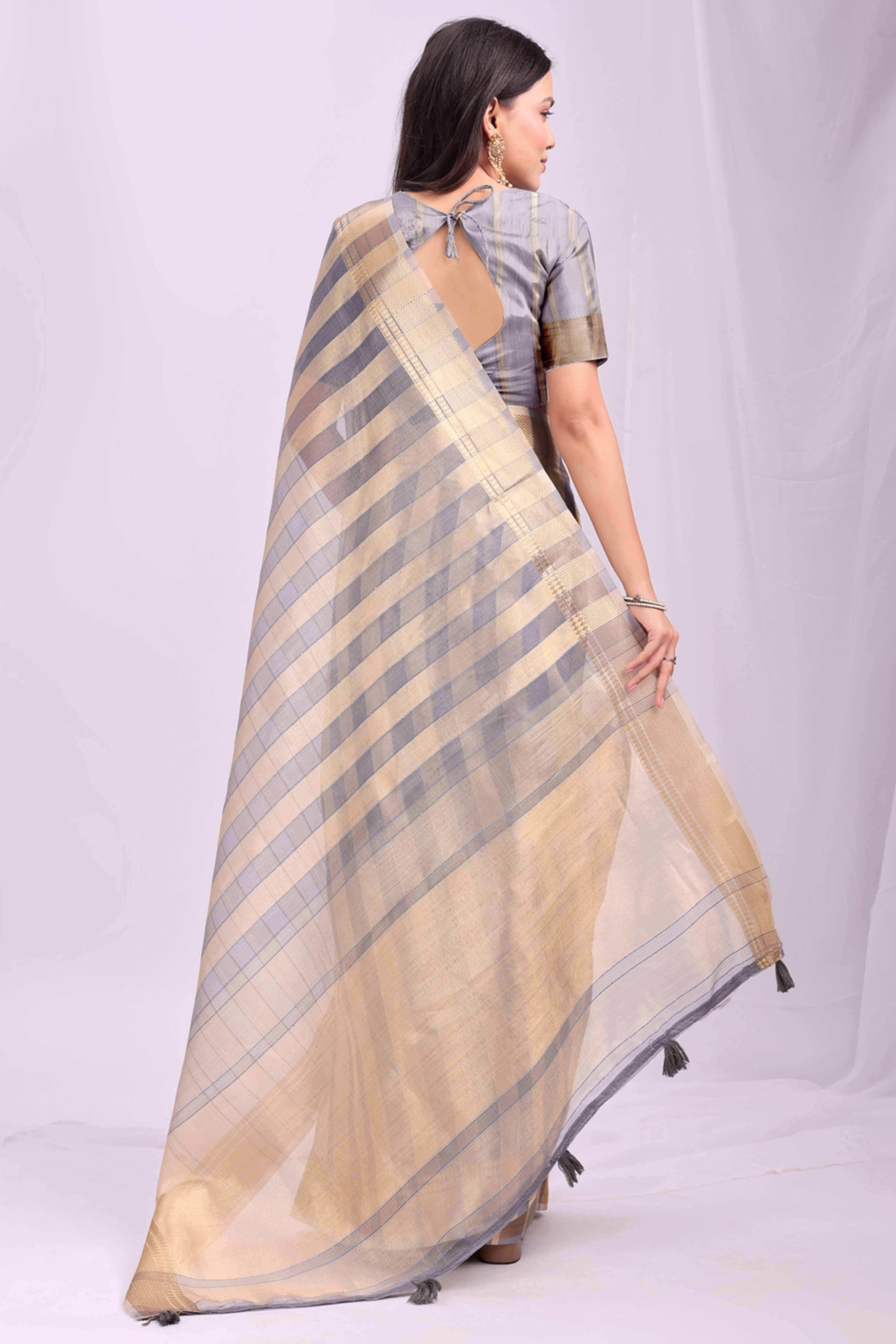 Grey Lightweight Organza Saree with Rich Zari Stripes Pattern
