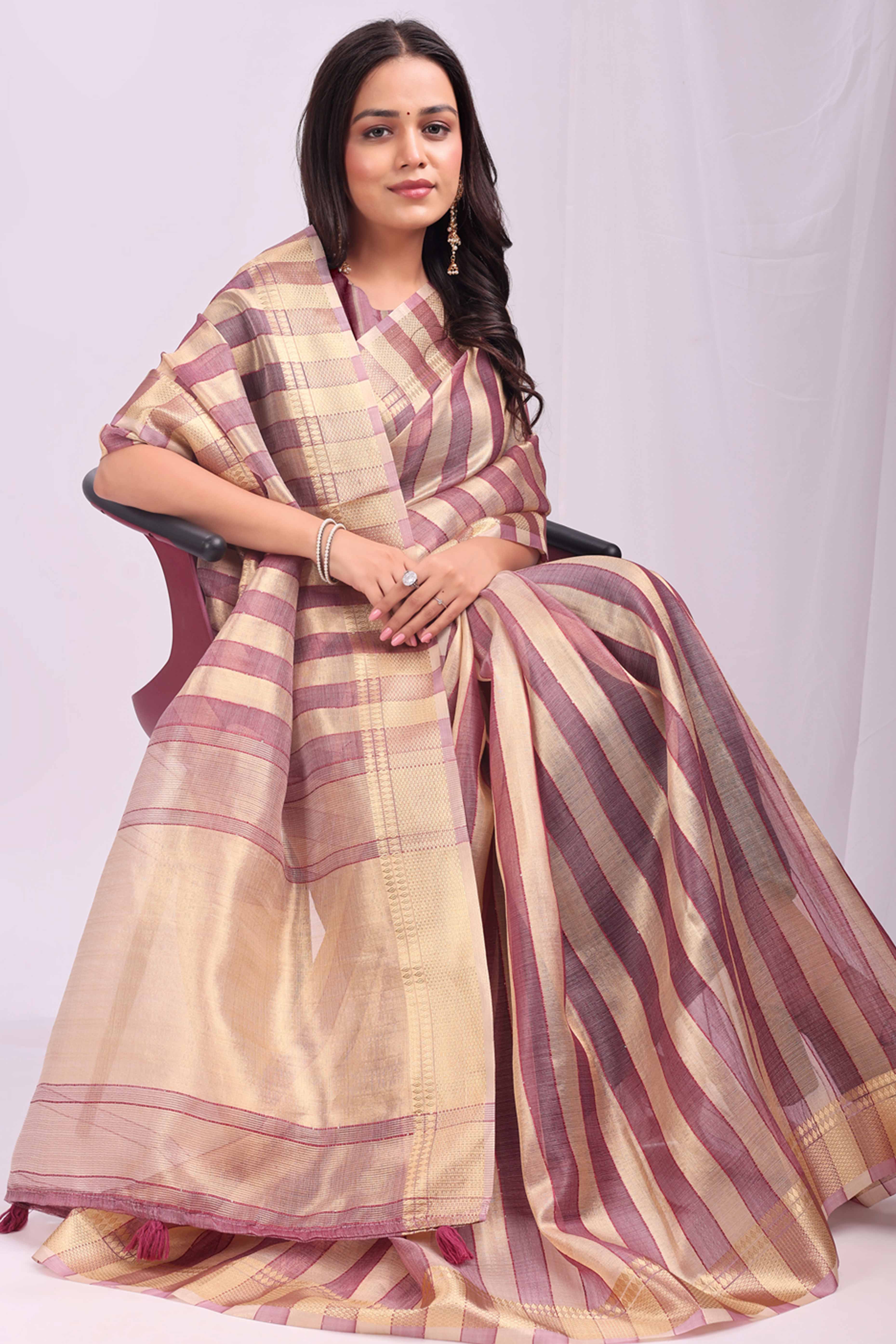 Purple Lightweight Organza Saree with Rich Zari Stripes Pattern
